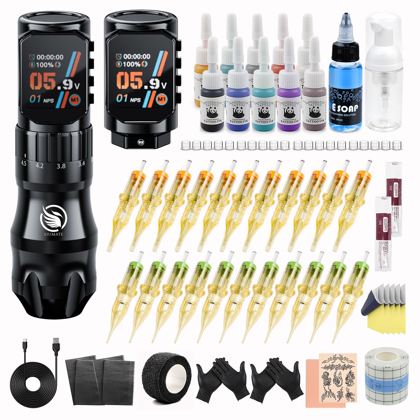 Kit Macchina Senza Fili con con 2 Batteria da 2200 mAh 7 Corse 2.3-4.5mm, Wireless Rotative Macchine con 20 aghi 10 Bottiglie di Inchiostro per principianti e artista LIUMATE