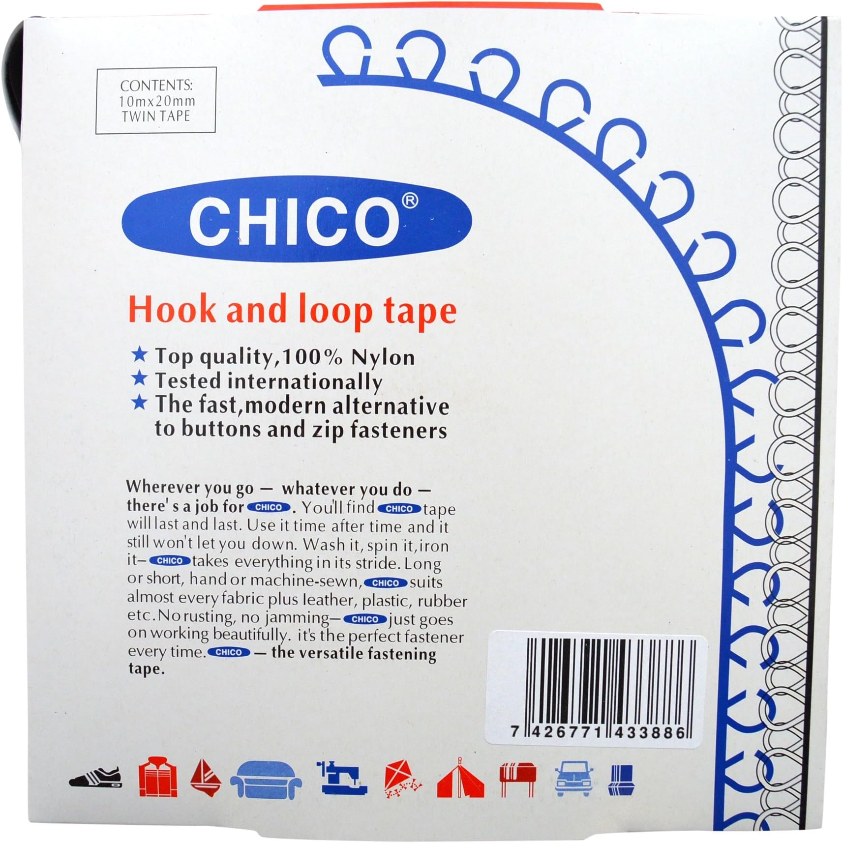 Chico Chico-10m x 20mm Hook and loop Sew and Stick Black, Synthetic Material, 24 x 24 x 3 cm