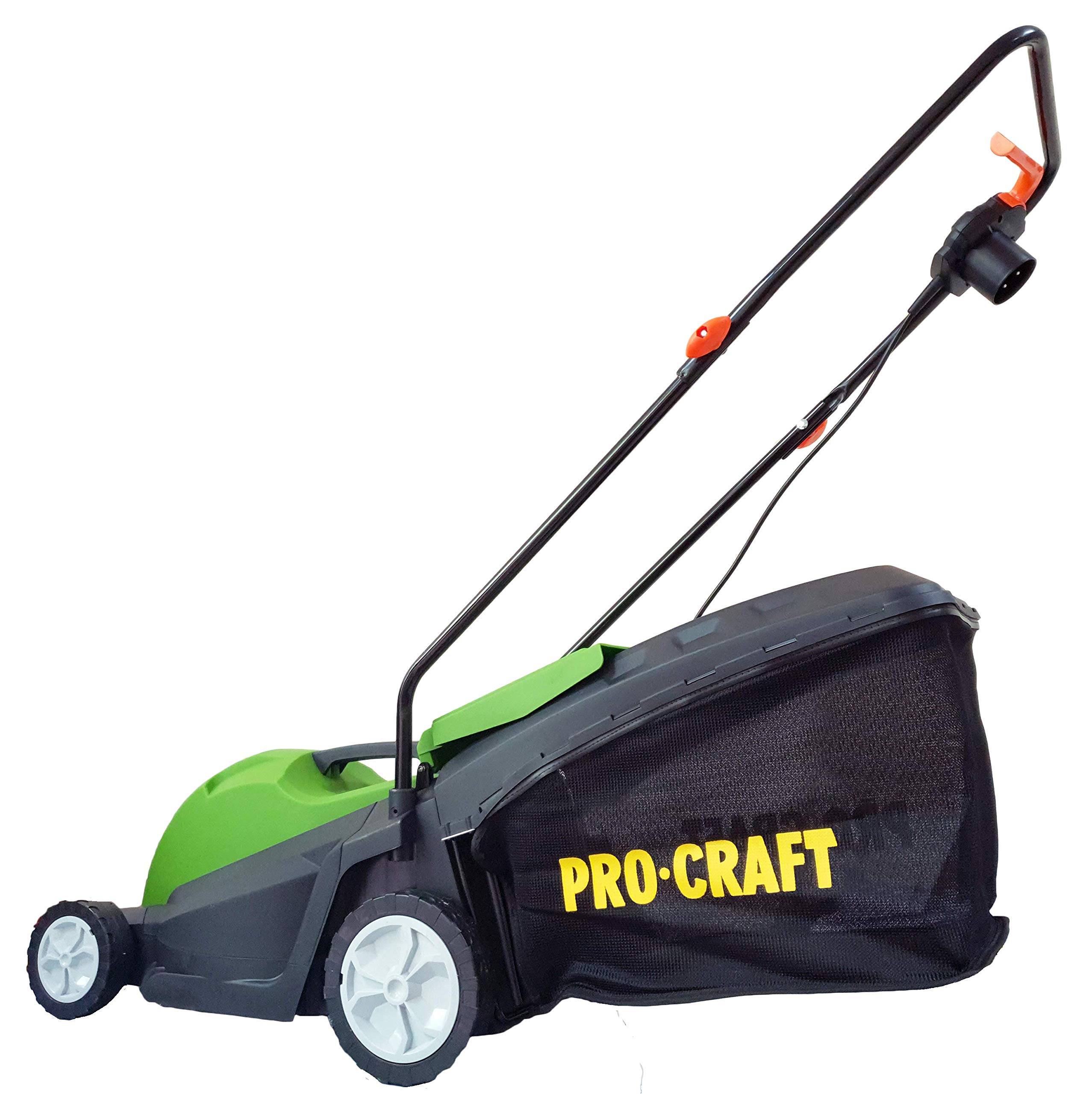 Procraft NM1800 elektryczna kosiarka do trawy, 1800 W, szerokość cięcia 34 cm, łapacz trawy 50 l, koszenie z zamkniętą krawędzią, rolka tylna, centralna regulacja wysokości, wygodna obsługa, składane