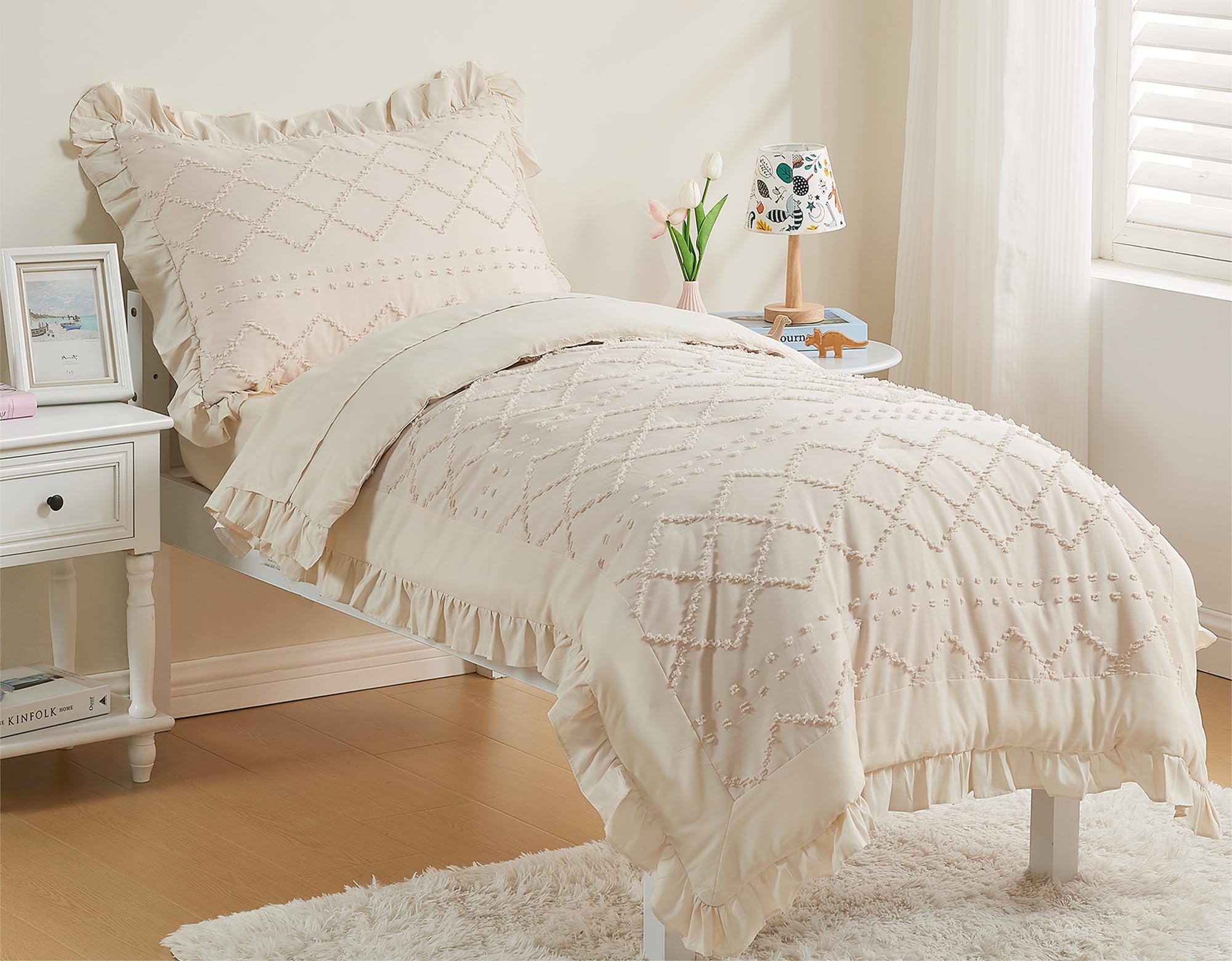 4 Piece Boho Tufted Toddler Bedding Set for Girls Beige Ruffle Crib Bed Sheets Set Soft Jacquard Embroidery Toddler Comforter Set Bed in a Bag | Include Comforter, Flat Sheet, Fitted Sheet, Pillowcase