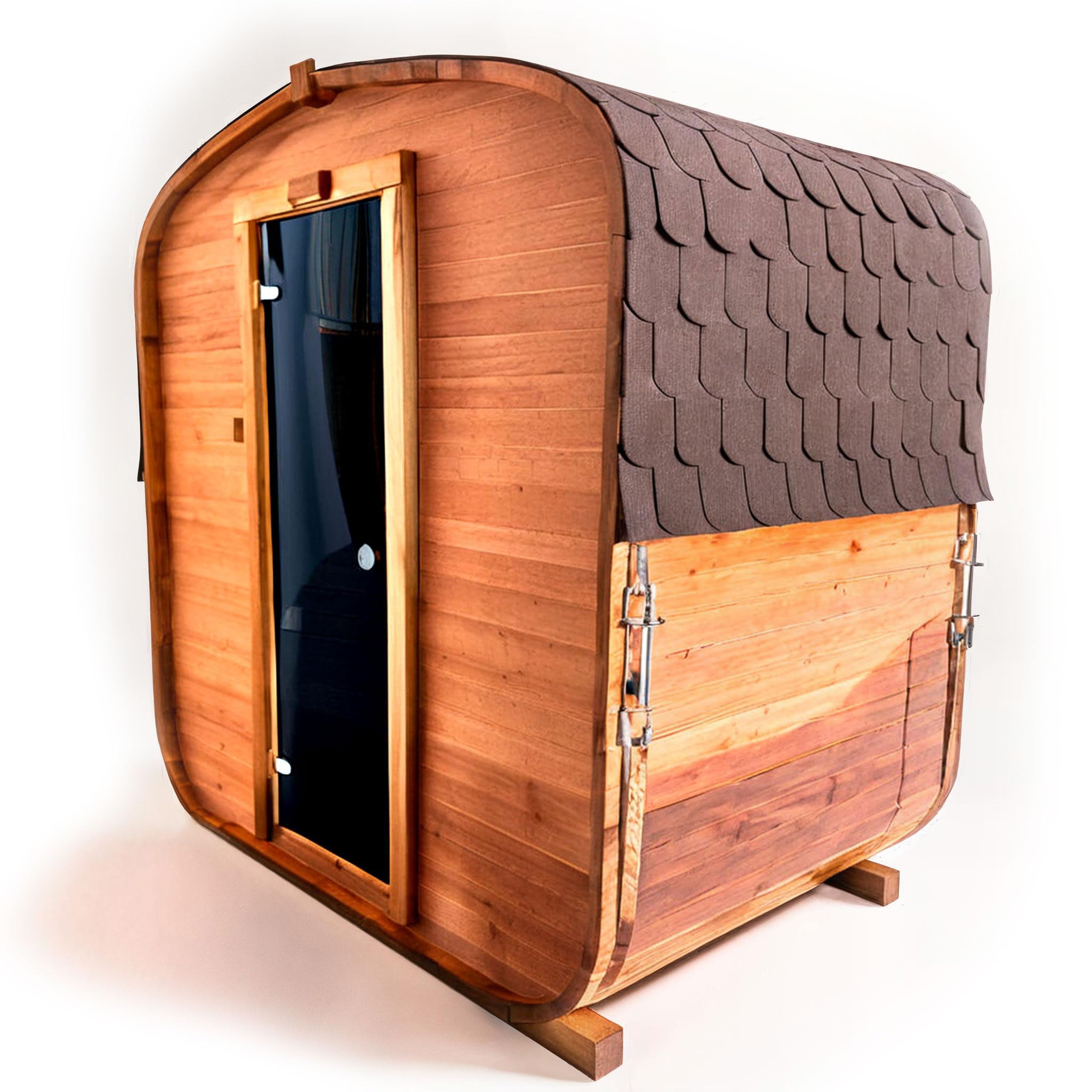 Gartensauna Quadro Fasssauna aus Holz für 2-3 Personen, Rund | Mit LED-Beleuchtung Außensauna für Garten & Terrasse