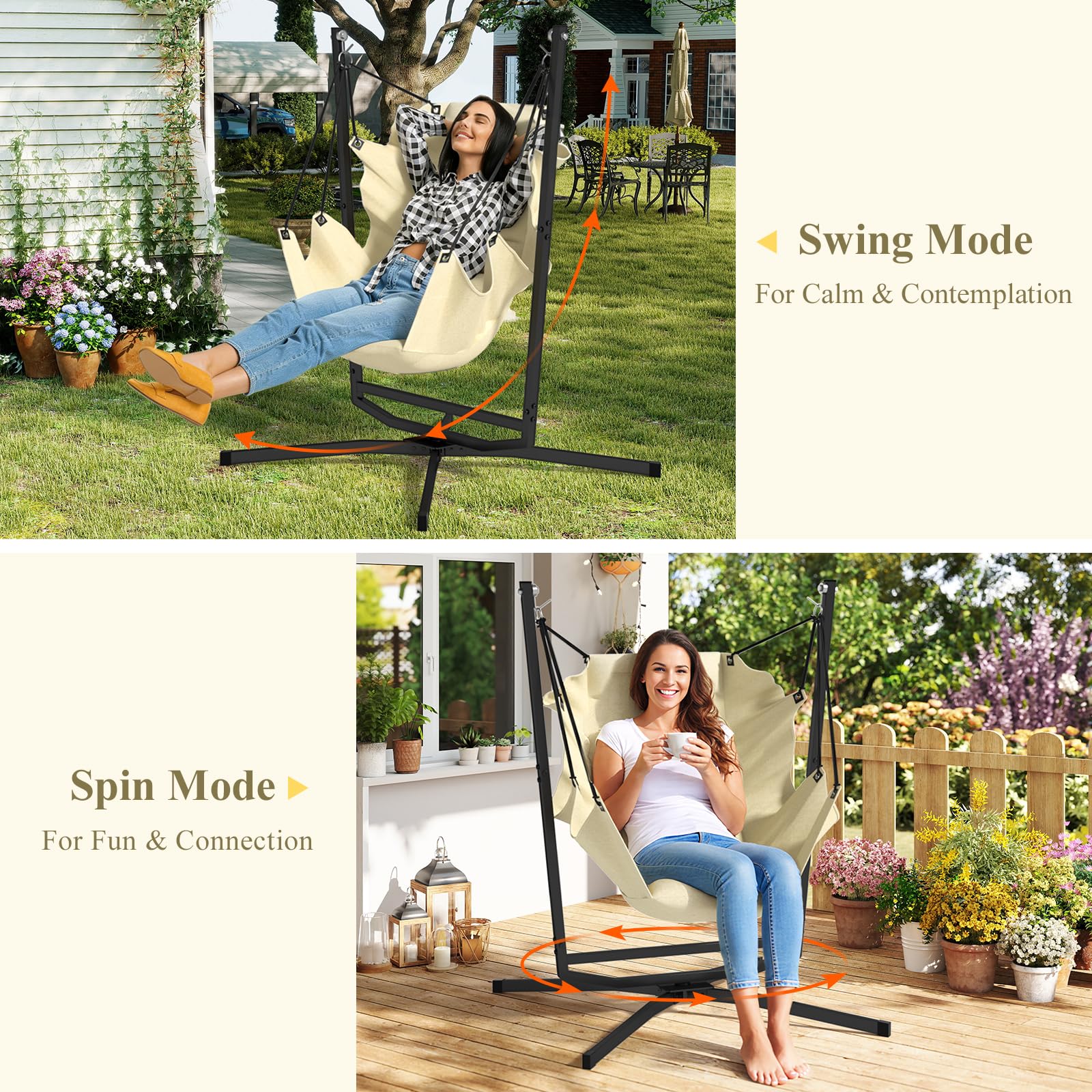 Hängesessel mit Gestell, Outdoor & Indoor Hängeschaukel, Hängestuhl 360° Drehung Hängesessel mit Gestell & Kissen, 180kg Traglast, für Wohnzimmer- Schlafzimmer, Garten Balkon Terrasse (Beige)