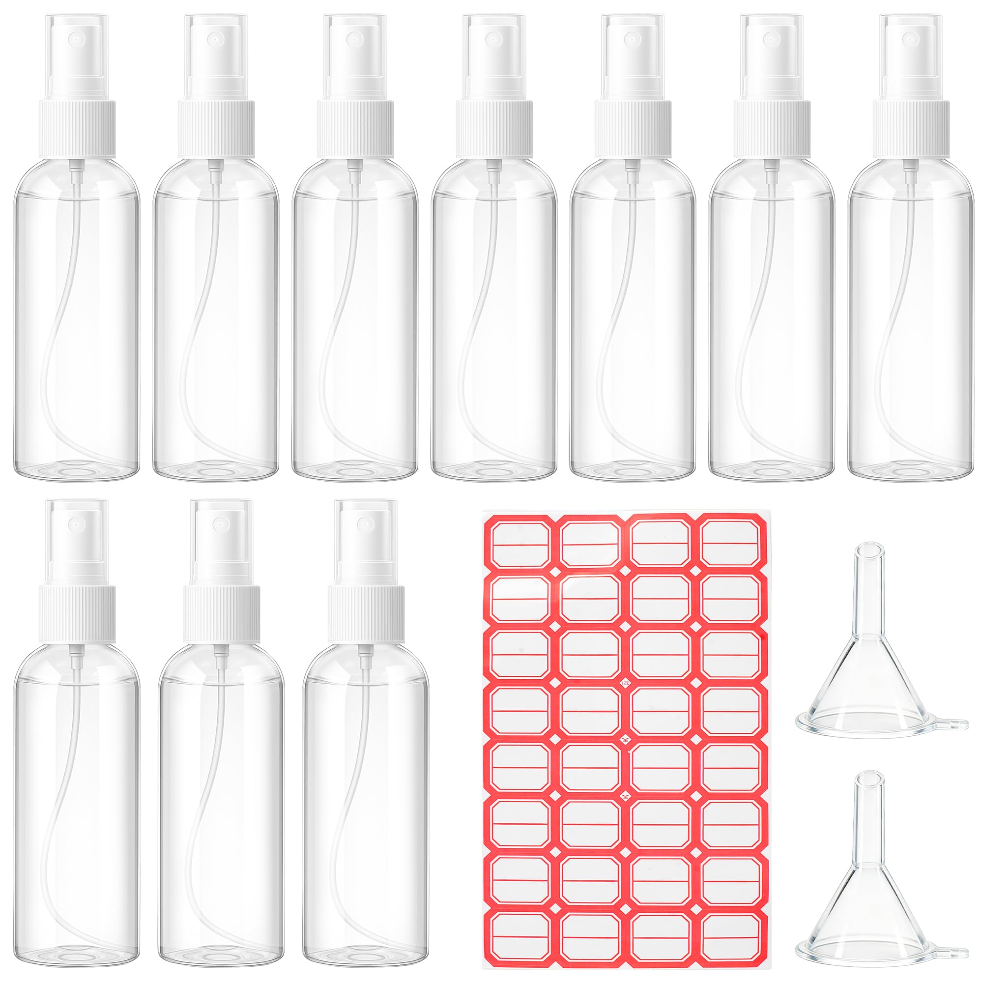 Vonsera Clear 10Pcs 100Ml Travel Spray Bottles, Plastic Transparent Mist Spray Atomiser Empty Liquid Containers Refillable With 2 Funnels And 1 Sheet Label For Perfume Cosmetic And Liquids