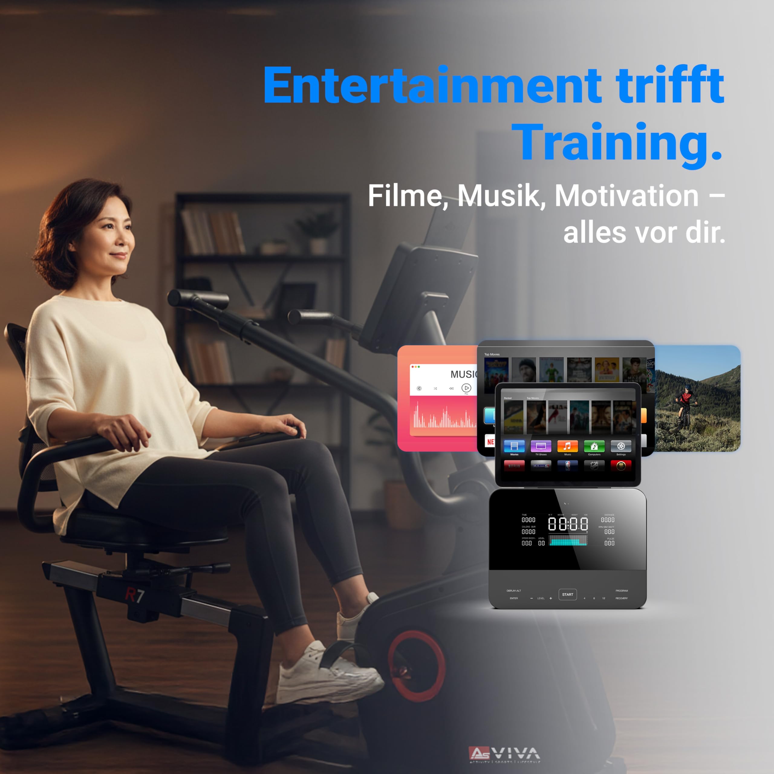 AsVIVA R7 Liegeergometer | Ergometer Fahrrad mit Sitz & Rückenlehne, 24 Programme, 18 kg Schwungmasse, Pulsmessung
