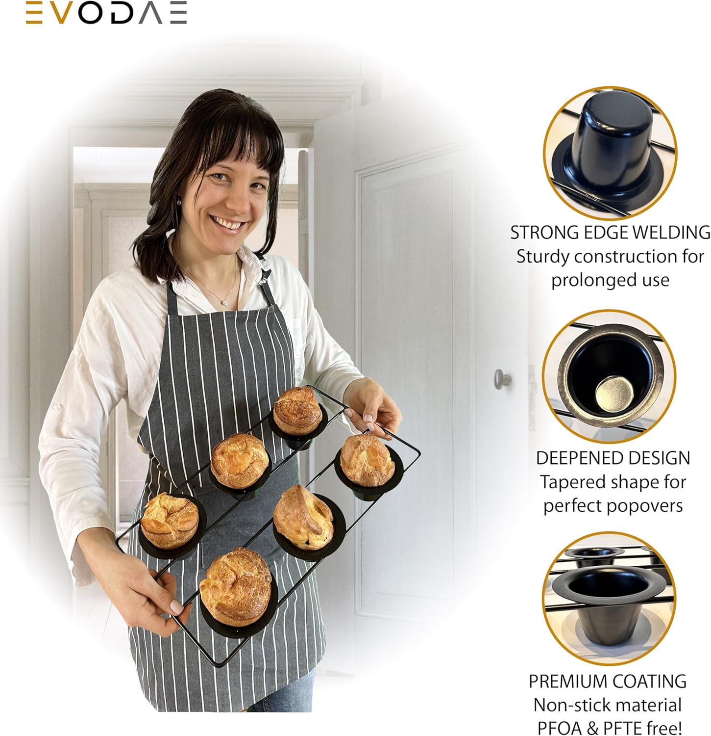 EVODAE® 2PCS Popover Pans Nonstick 12-2x6 Pieces - Pro-Grade - Strong Built Metallic Cups - Deep Pan - Premium Black PPG Coated - Baking Popovers-Muffin-Yorkshire Pudding-Jumbo Cupcake-Cake-Cruffin