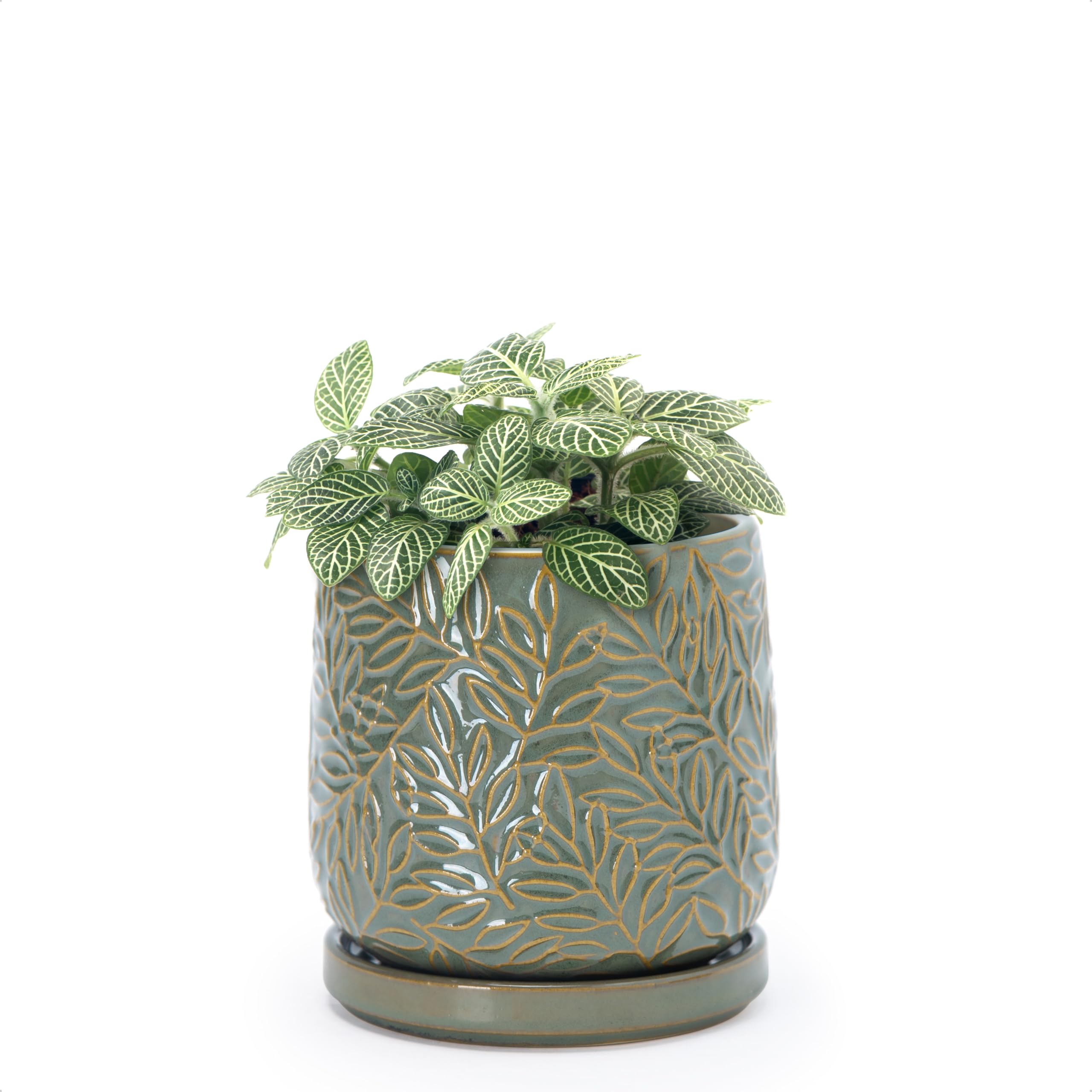 D'vine Dev 4 Inch Embossed Leaves Stoneware Planter