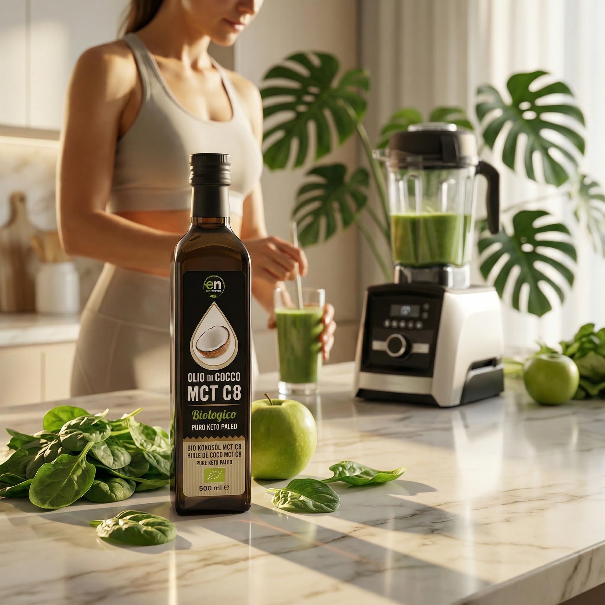 Exponatura Aceite MCT C8 Orgánico 500 ml - 100% Extracto de Aceite de Coco, Ácido Caprílico Puro - Energía Natural para Dieta Keto y Paleo - Vegano