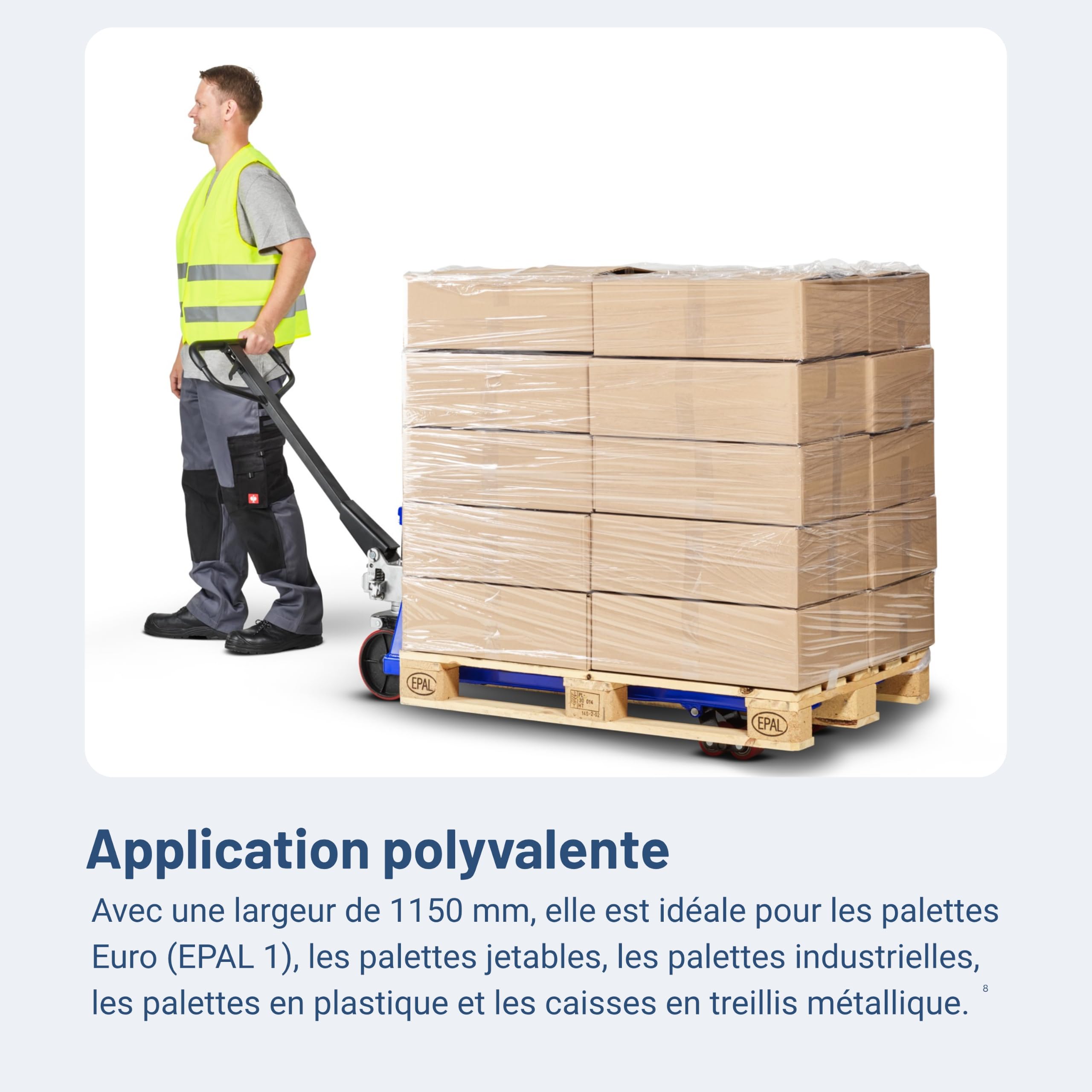 Pallit Transpalette Peseur Scale+ - 2500 kg, Pas 0,5 kg, Fourches 1150 mm | Balance numerique precision 1% pour pesage direct de palette, roues PU silencieuses et timon ergonomique haute capacite