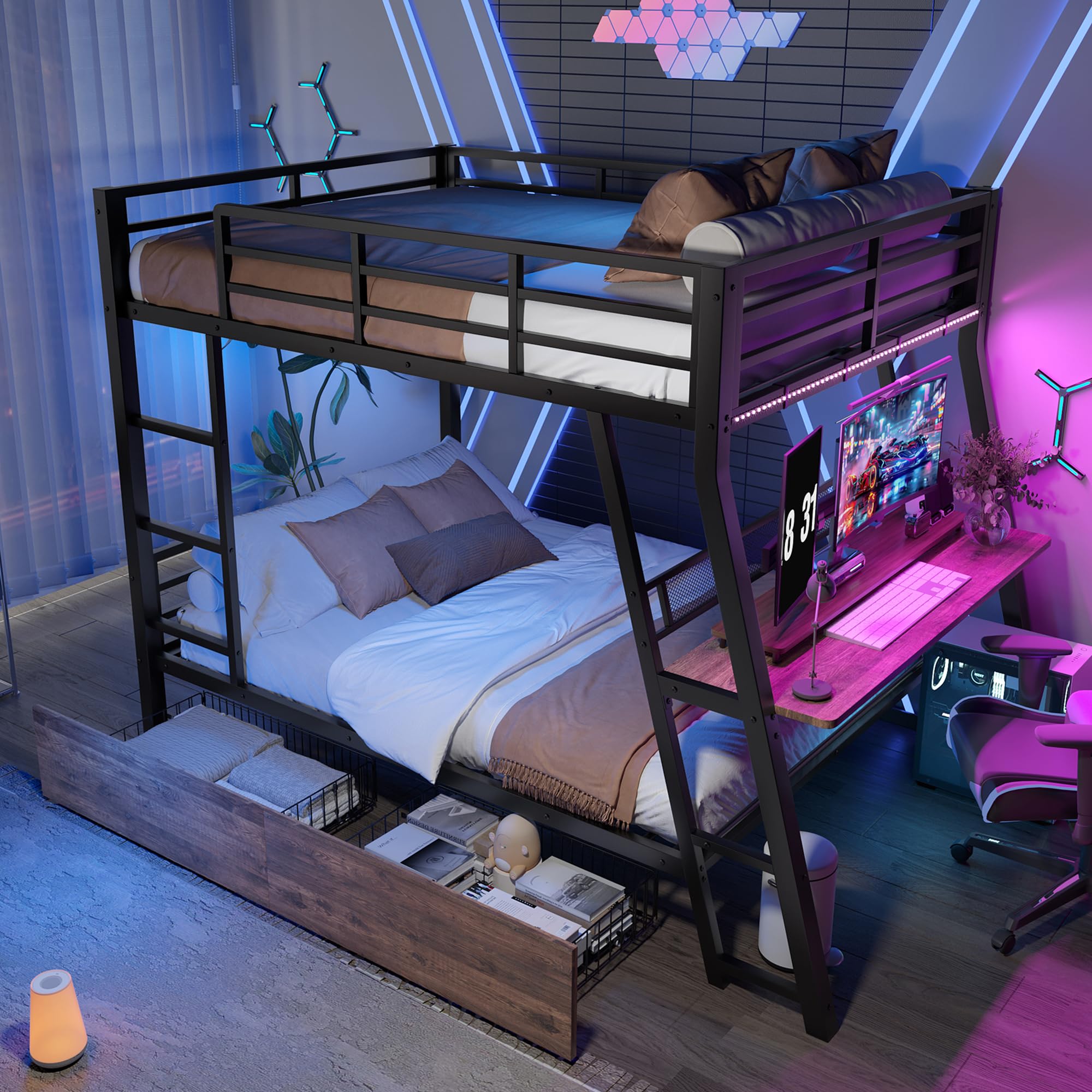 Letto a Soppalco 140x200 cm con LED e cassetti, Letto matrimoniale con scrivania, Letto Bambini con scala e ringhiera, Nero(Senza Materasso)