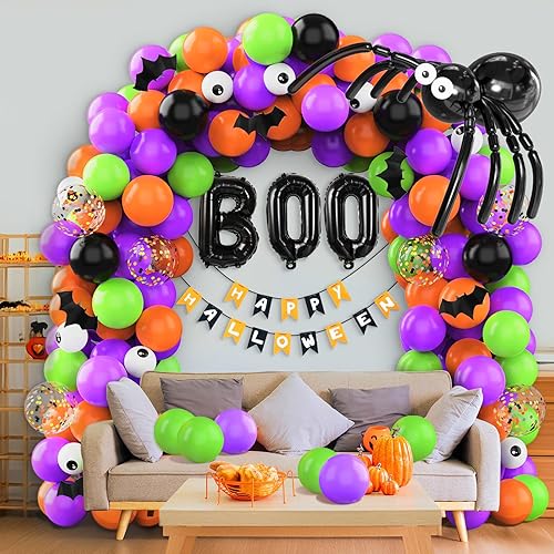 Miniatura 6 de Juego de guirnalda de globos de Halloween de 114 piezas para fiestas, globos de 5, 10, 12 y 18 pulgadas para decoraciones de Halloween al aire