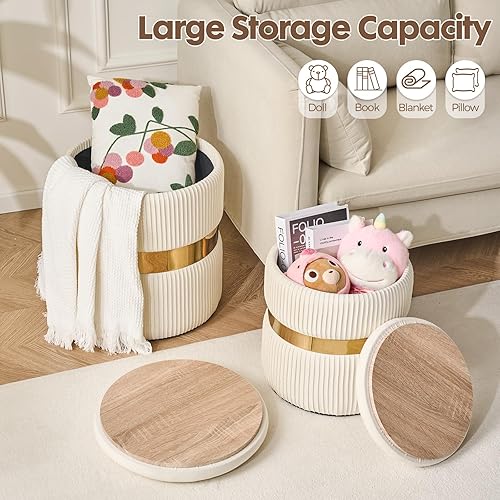 Miniatura 3 de Round Ottoman with Storage - White Velvet Ottoman Round Storage Ottoman for Livingroom, Foot Rest for Couch, Vanity Ottoman for Bedroom, Velvet