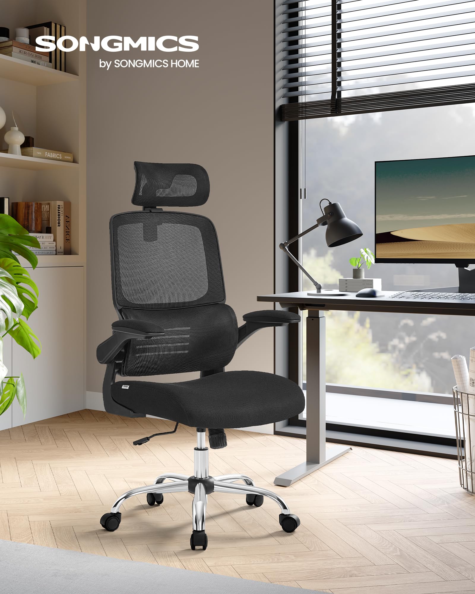 SONGMICS Bürostuhl, Schreibtischstuhl, ergonomisch, klappbare Armlehnen, hohe Rückenlehne, Netzstuhl mit Lendenwirbelstütze und Verstellbarer Kopfstütze, Wippfunktion, tintenschwarz OBN040B01