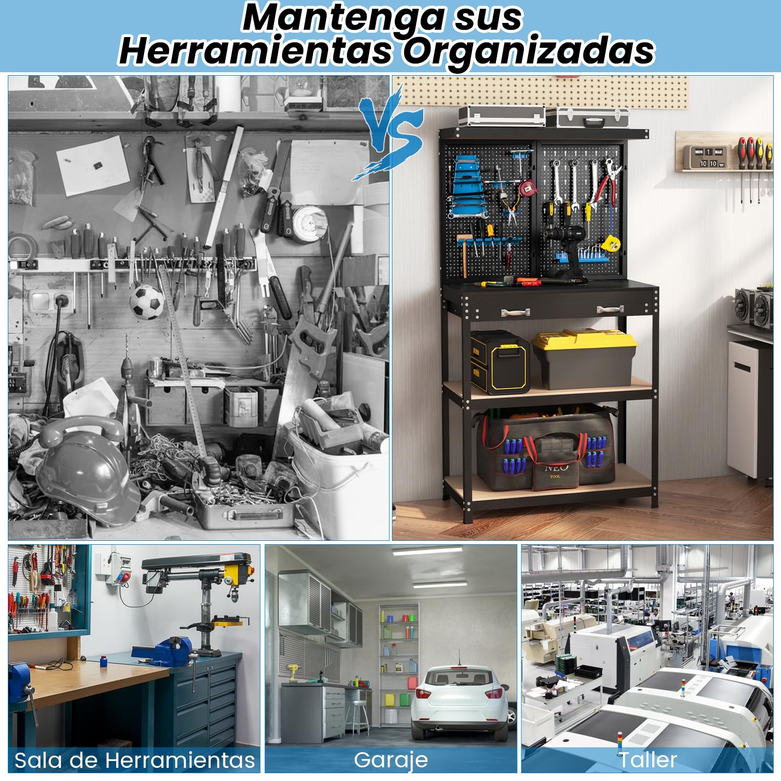 COSTWAY Banco de Trabajo con Tablero Perforado, Banco de Trabajo para Almacenamiento de Herramientas con Estantes y Cajones, 14 Accesorios para Colgar, Mesa de Trabajo para Garaje (Negro y Azul)