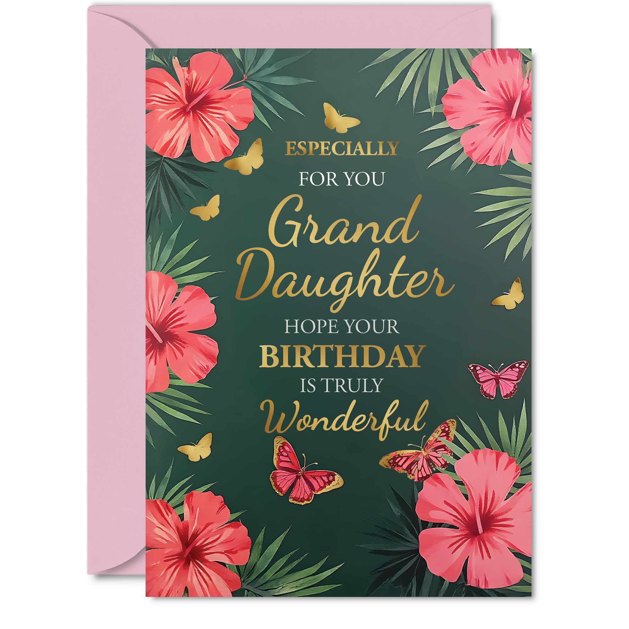 Gold Granddaughter Birthday Card, Butterflies & Flowers