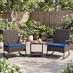 ORALNER 3 Pieces Patio Rocking Bistro Set, Outdoor Wicker Rocking Chairs with Cushions, Glass Coffee Table, Rattan Conversation Furniture Set for Balcony Front Porch Garden Deck Poolside (Navy)