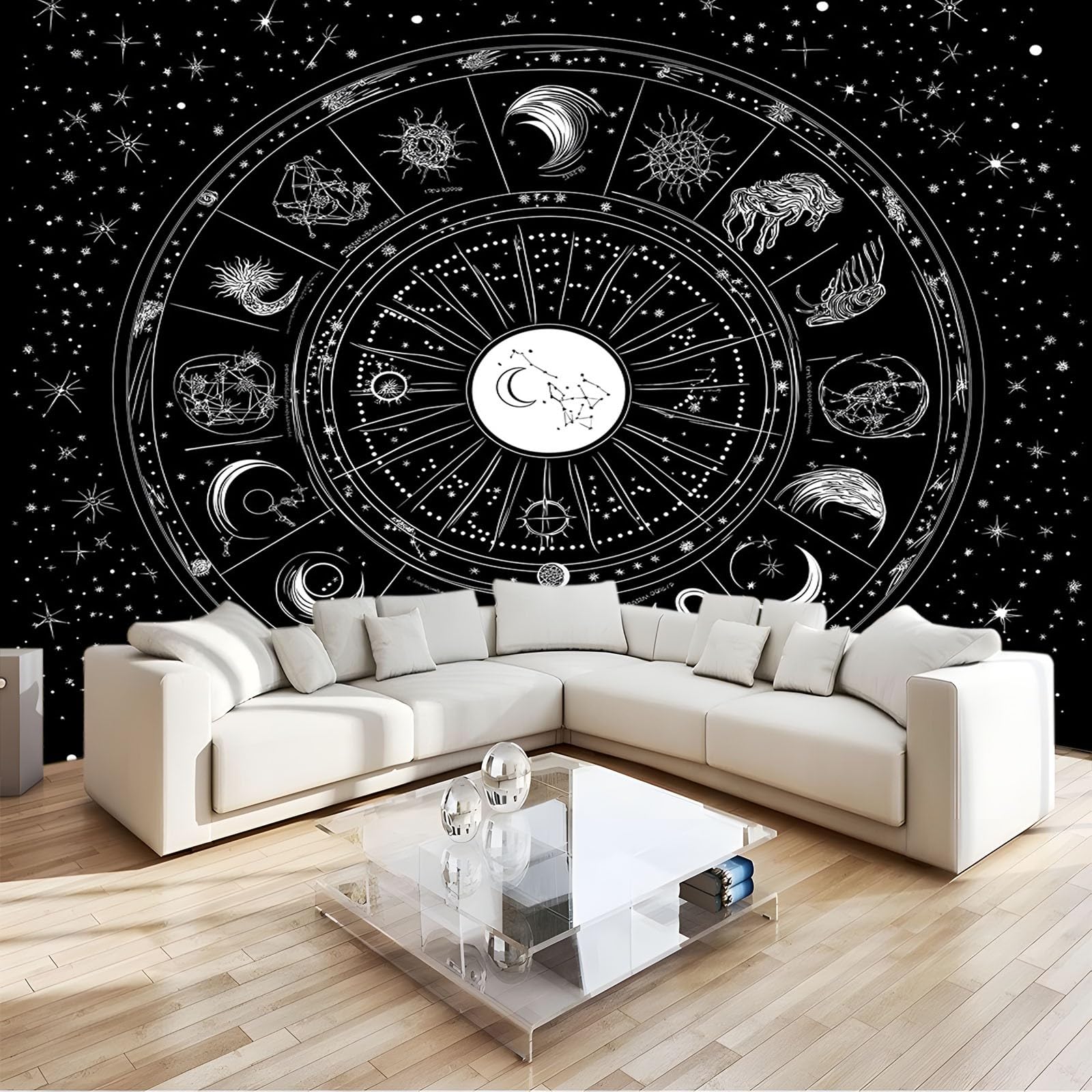 Papier peint constellation lune soleil noir panoramique mural 300x210 cm