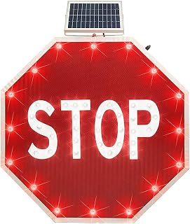 24"/30" Solar Power LED Stop Flashing Traffic Signs, Blinking Stop Sign, Aluminum Octagon Road Signs Traffic LED Blinking Street, Engineer grade reflective Film, city streets solar stop sign