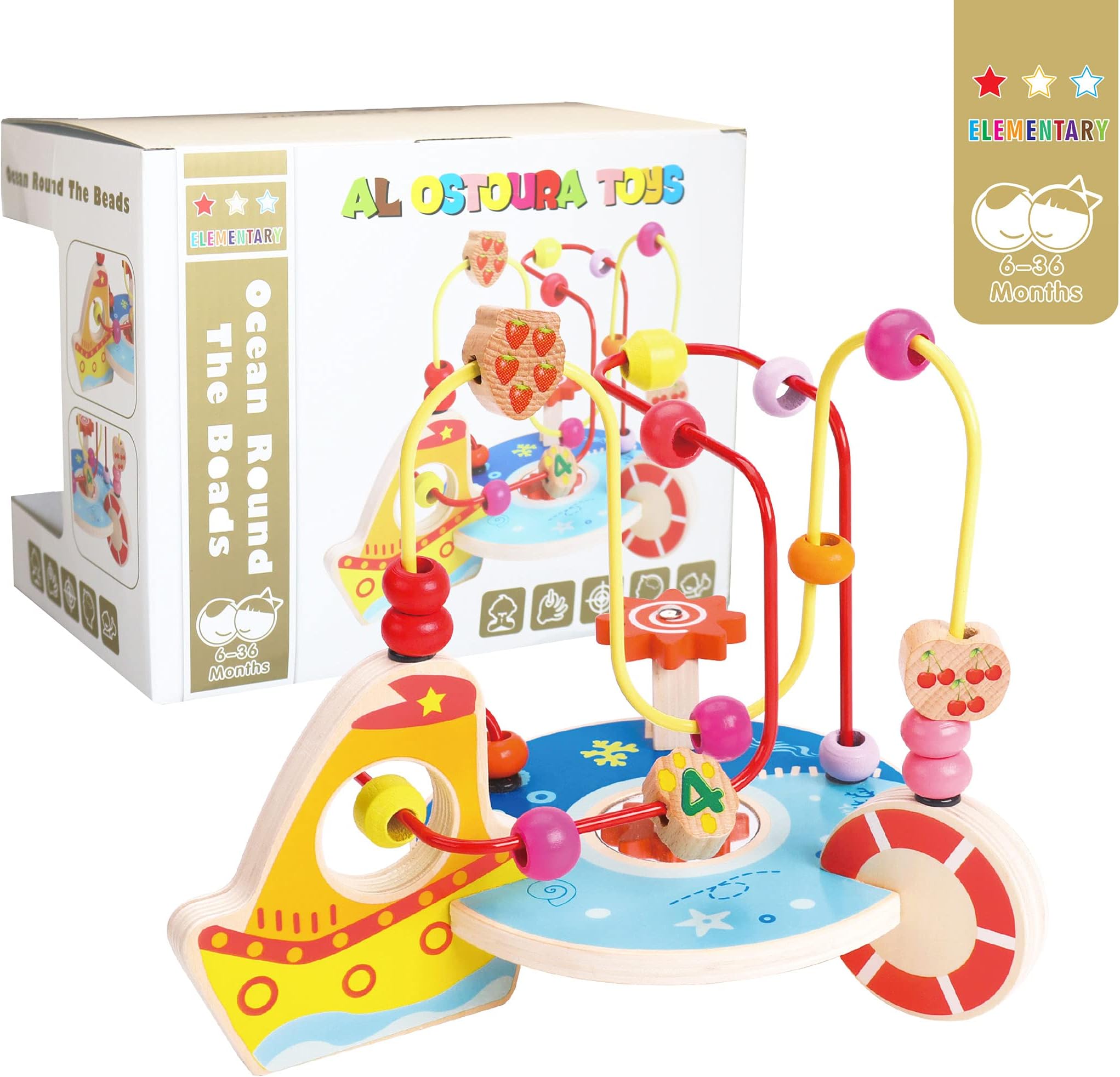 AL OSTOURA TOYSMontessori Wooden Activity Cube Colorful Ocean Wooden Bead Maze - Preschool and Toddler Educational Toys, Gift for 1+ LW0422