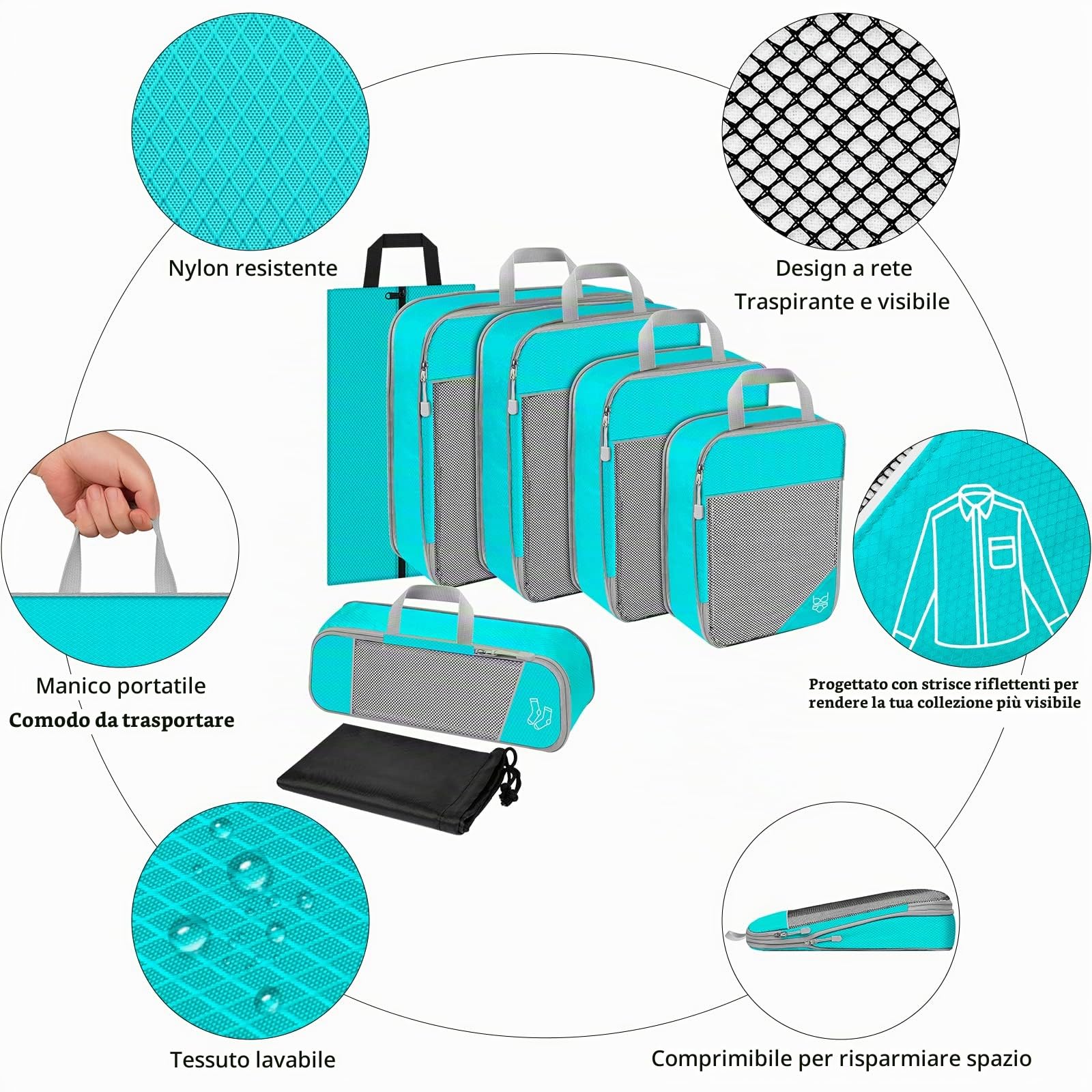 Set di 7 Organizer Valigia, Organizzatori da Viaggio a Compressione, Packing Cube per Vestiti, Scarpe, Biancheria Intima, Ultraleggero, Espandibile, Cielo Blu