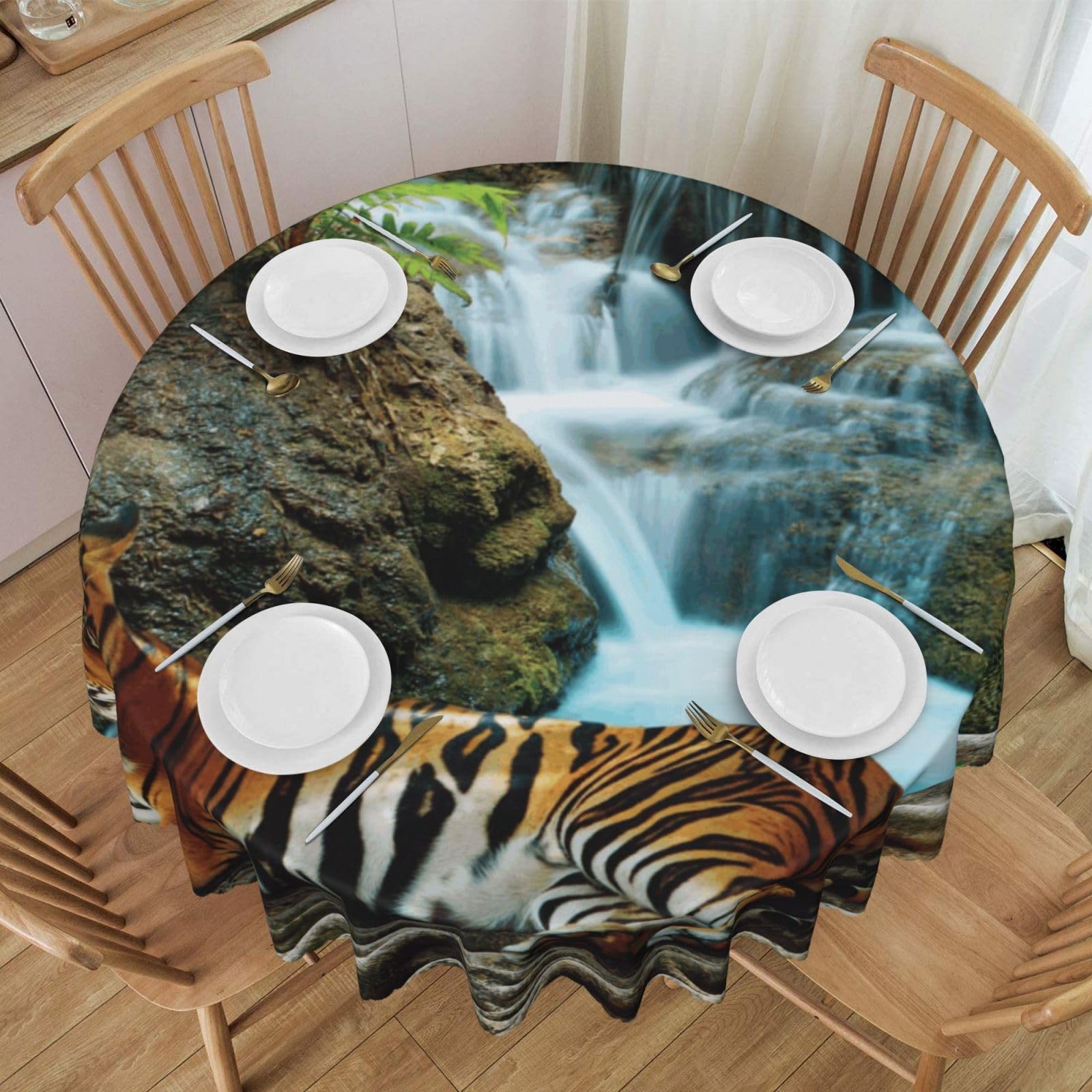 DCEHGEW 60 In Round Tablecloth with Lace, Tiger Under Tree Printed Oilproof & Washable Fabric Picnic Table Cloth Table Covers