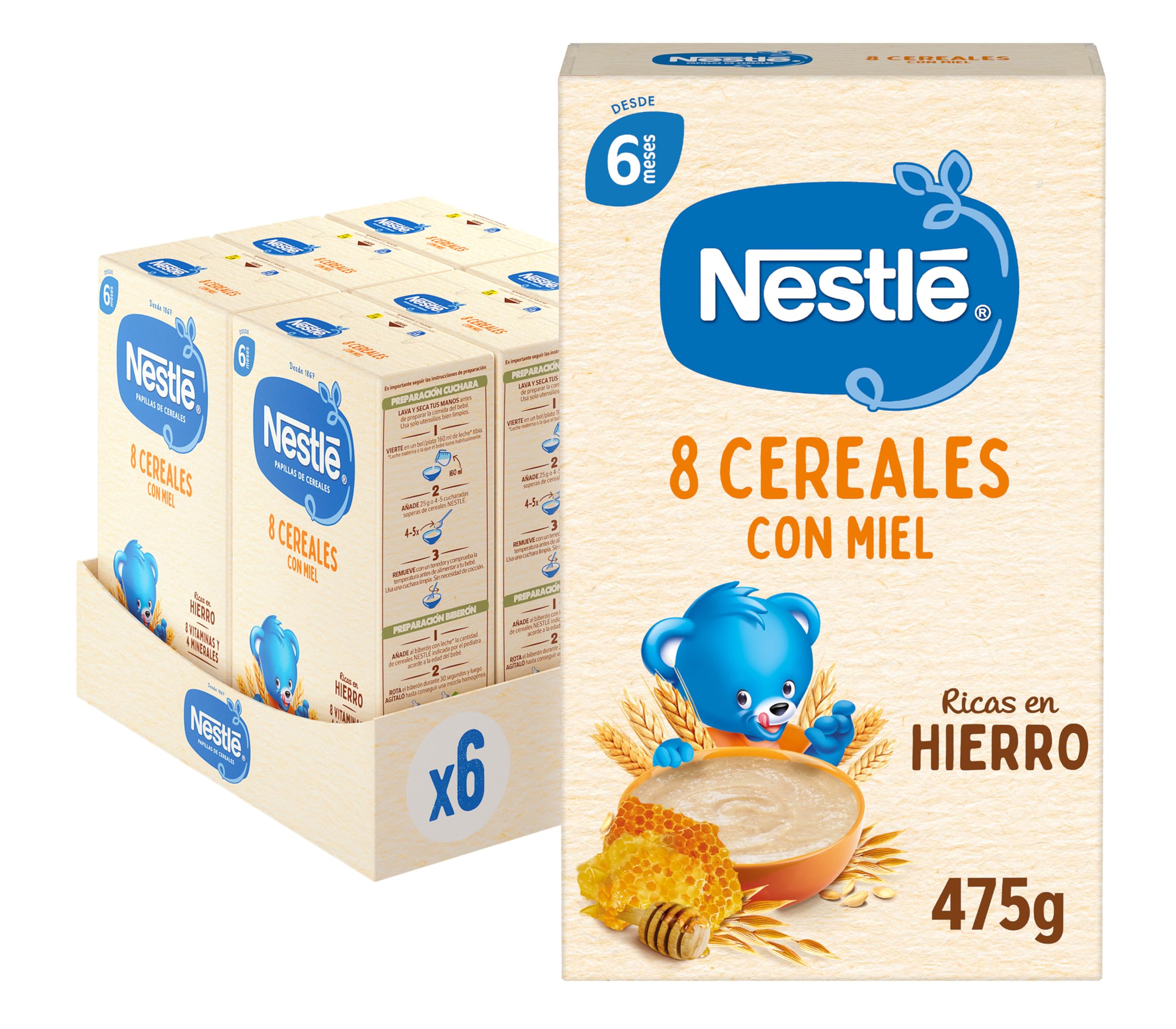 Nestle Papilla 8 Cereales con Miel, 6 Paquetes de 475g (Total 2.85 Kg)