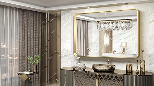 Miniatura 2 de TokeShimi - Espejo para pared de baño, espejo de tocador con marco de metal de aleación de aluminio mate inoxidable, decoración rústica, dorado