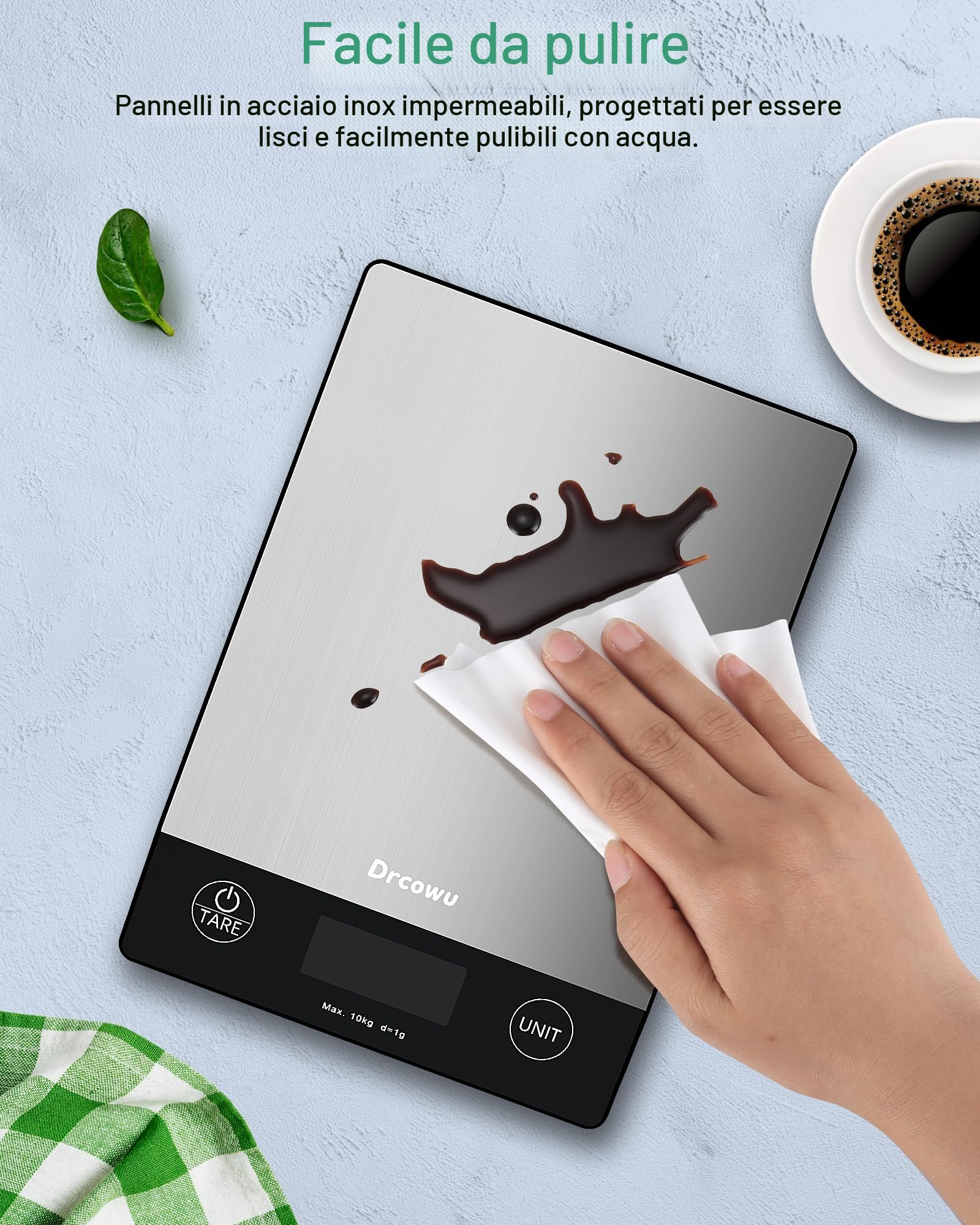 Bilancia Cucina Digitale, 10kg Bilancia da Cucina Professionale, Alta Precisione 1g/0,1oz Pesa Alimenti con Funzione Tare, Display LCD, 6 Unità, Facile da Leggere e da Usare