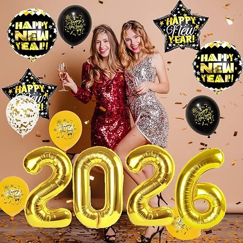 Miniatura 6 de Juego de decoraciones de Feliz Año Nuevo 2026, enormes globos de números de lámina dorada 2026, pancarta de feliz año nuevo, globos de látex negros