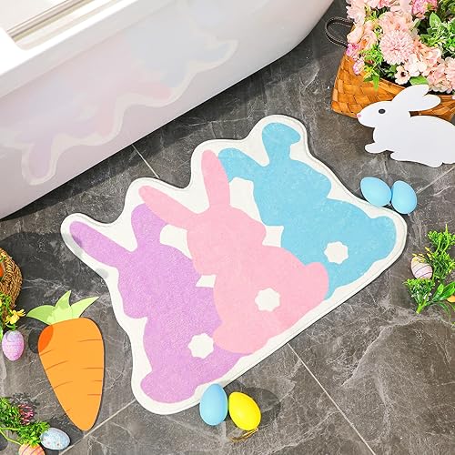 Tinideya Alfombra de baño de conejo de Pascua, alfombras de baño coloridas de conejo de primavera, alfombras de baño antideslizantes de imitación de
