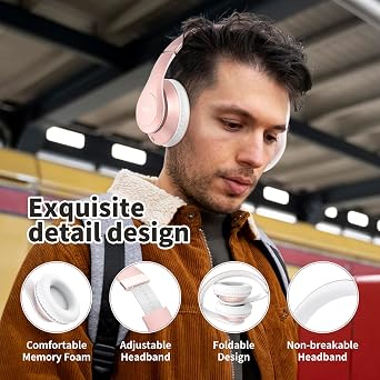 Uliptz Wireless Bluetooth Headphones, 65H Playtime Over Ear Headphones with Microphone, 6EQ Sound Modes Wireless Headphones, Foldable Bluetooth 6.0 Headphones for Office/Cellphone/PC (Rose Gold)