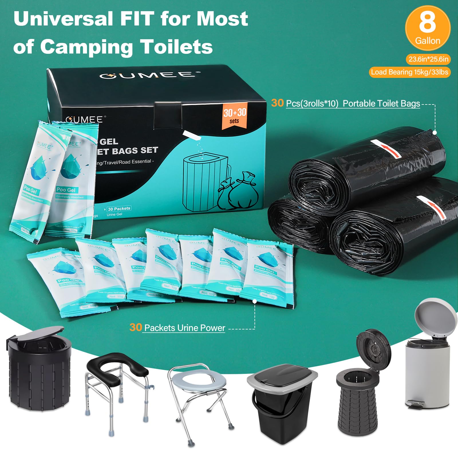OUMEE 60 tragbare Toilettenbeutel Kotgel-Set, 8 Gallonen Camping-Toilettenbeutel mit saugfähigem Toilettengel, Toilettenabfallbeutel, auslaufsichere Müllbeutel für Outdoor-Camping-Toilette, Reisen,