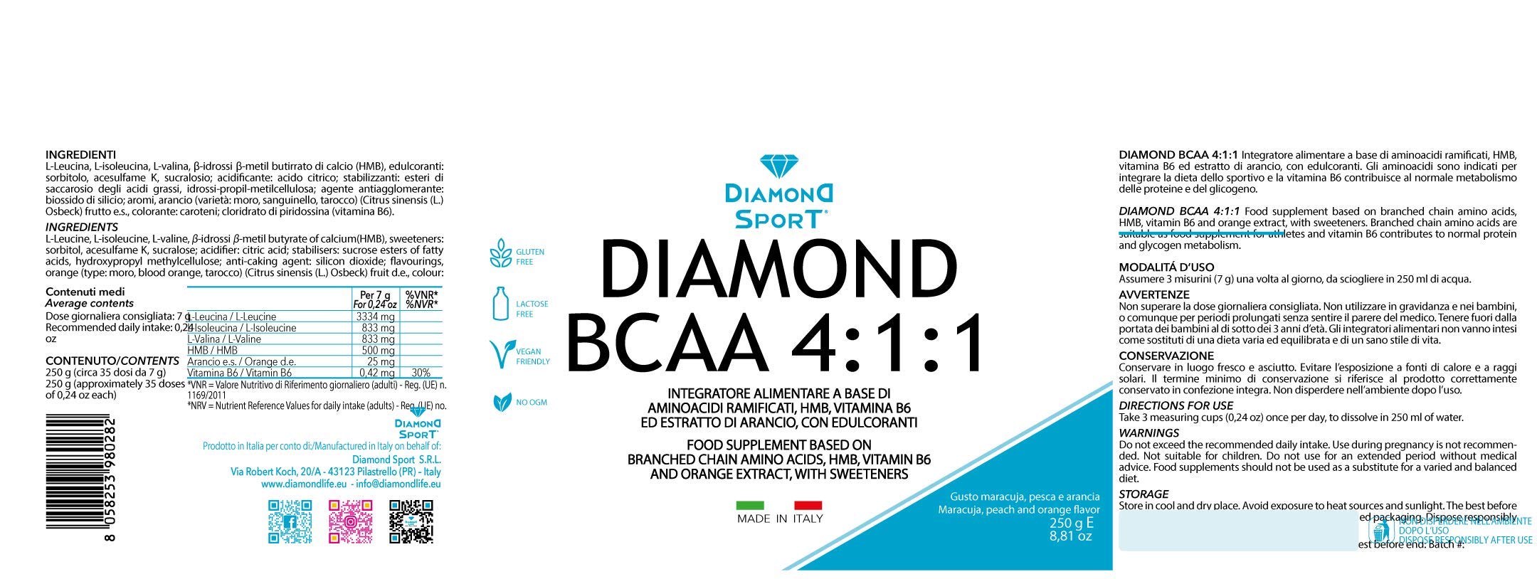 DIAMOND BCAA 411 | Integratore Naturale di Aminoacidi Ramificati Rapporto 4:1:1 con Vitamina B6 e HMB per il Recupero Muscolare | Polvere 250g | Gusto maracuja, pesca e arancia | Vegan, Senza Glutine