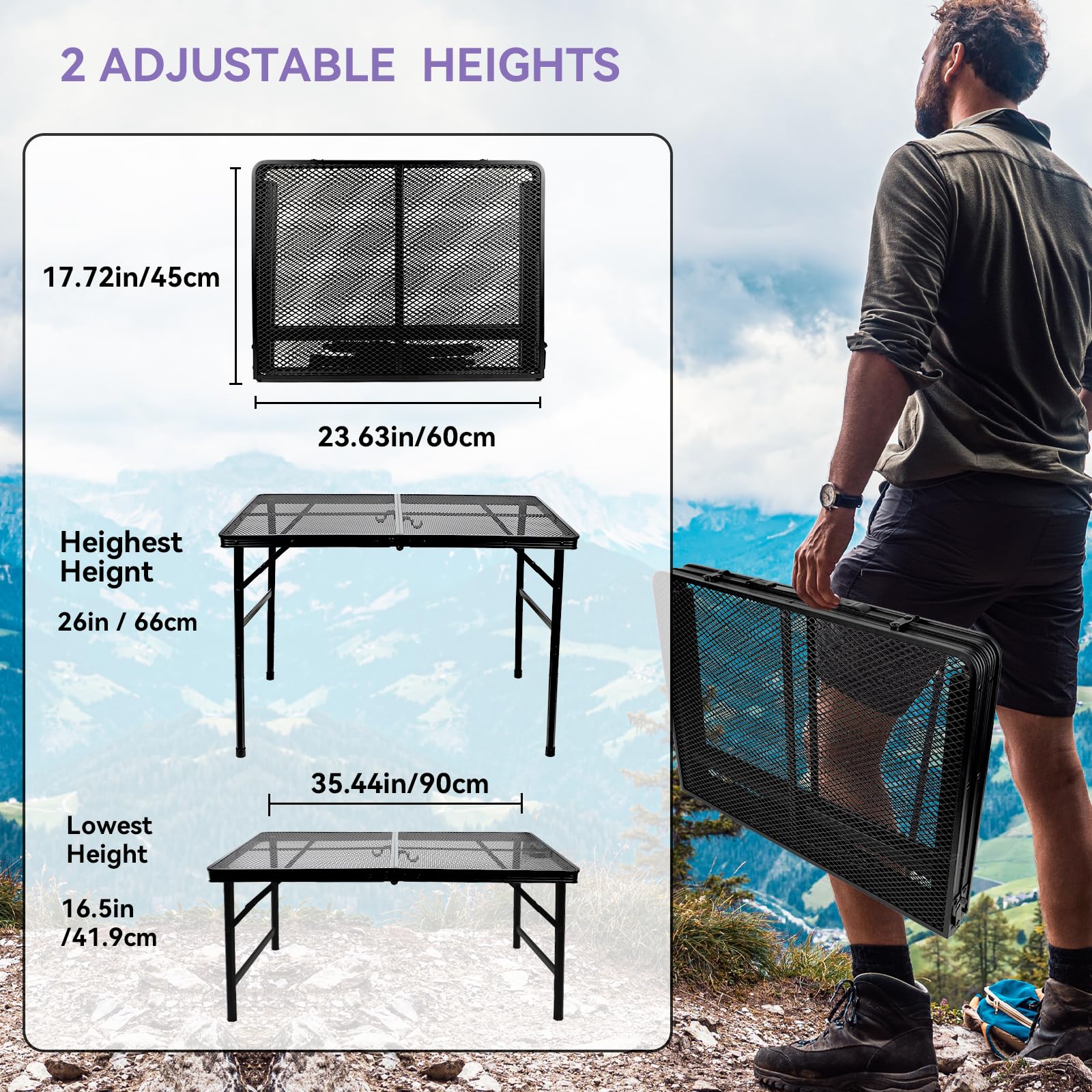 Mesa de camping plegable de 3 x 2 pies, mesa de picnic portátil de metal, mesa plegable ajustable de altura ligera para exteriores, color negro 3
