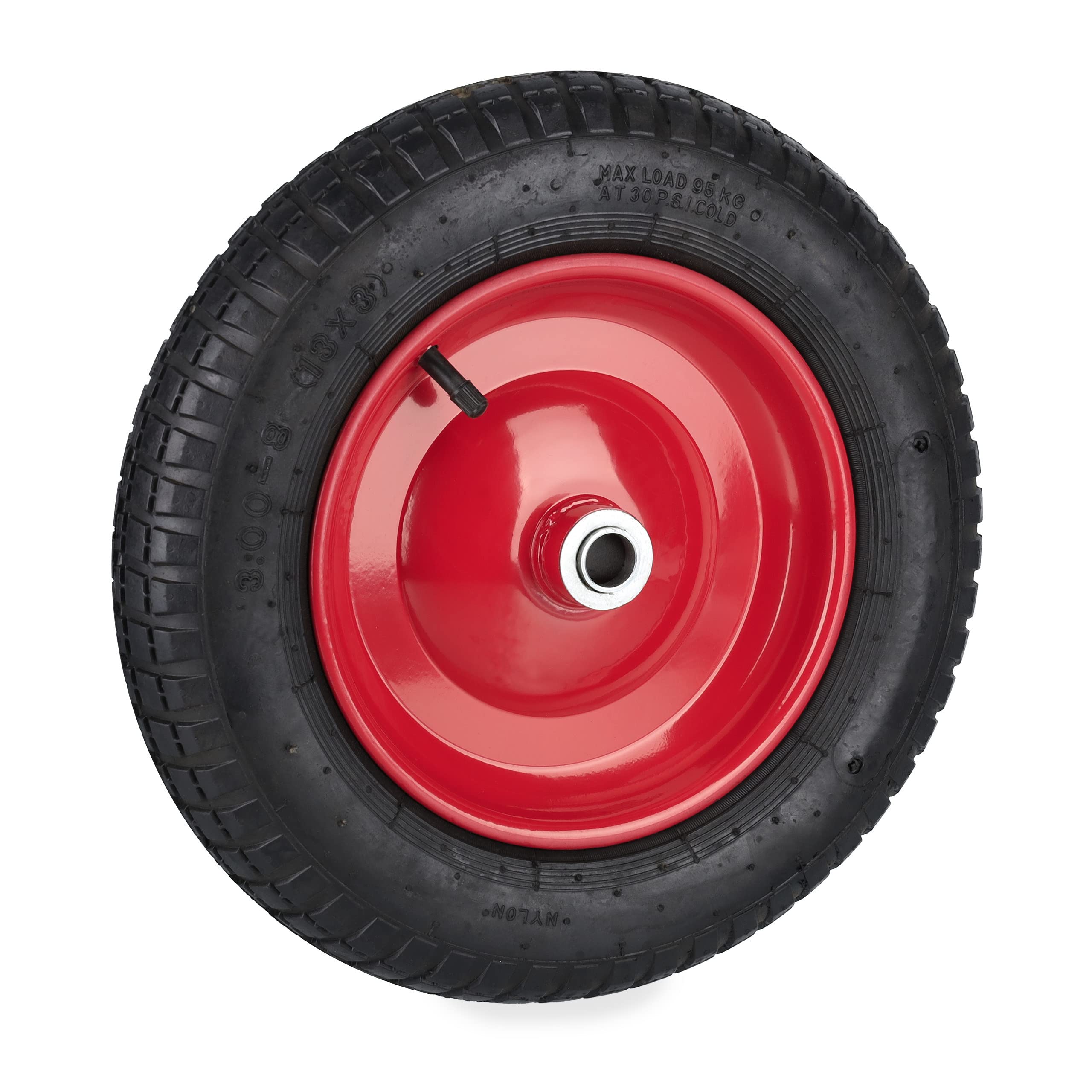 Relaxdays Roue de brouette 3.00-8, pneumatique, Jante en Acier, Charge maximale : 100 kg, avec Valve, Noir et Rouge