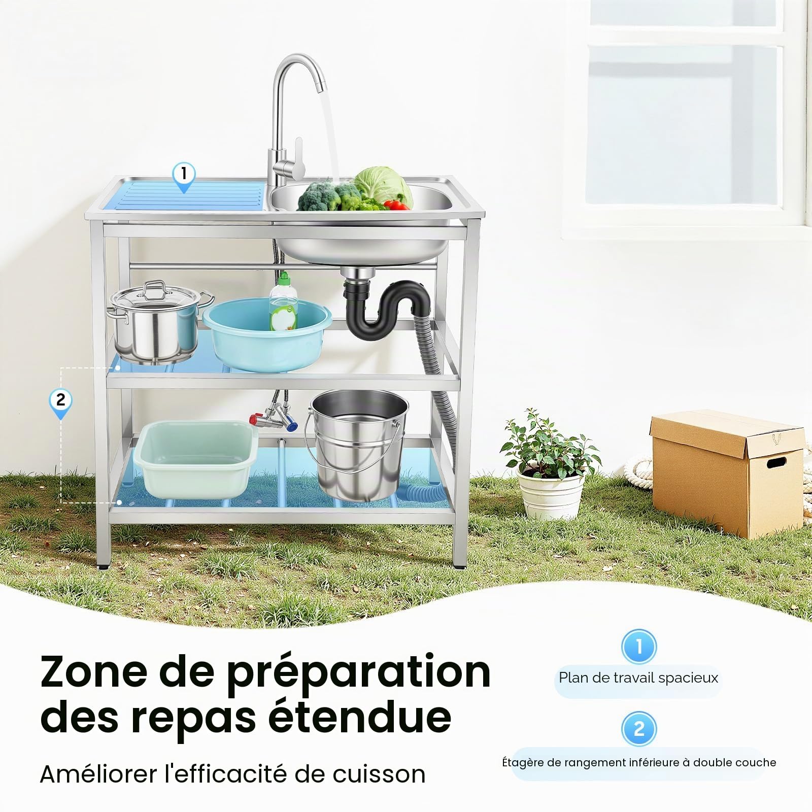 Evier Inox Exterieur,Evier Sur Pied Cuisine,Evier multifonction,Evier Professionnel Avec Robinet Pivotant,Eau Chaude Froide,Double Etagere Rangement,Cuisine Jardin Restaurant Garage