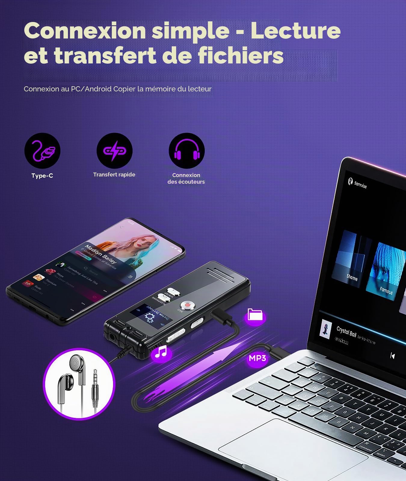 Dictaphone 32G - 1536 kbps - Enregistreur Vocal numérique - Interface Type-C - Appareil d'enregistrement One-Touch-HD Dual MIC pour conférence, Entretien, réunion