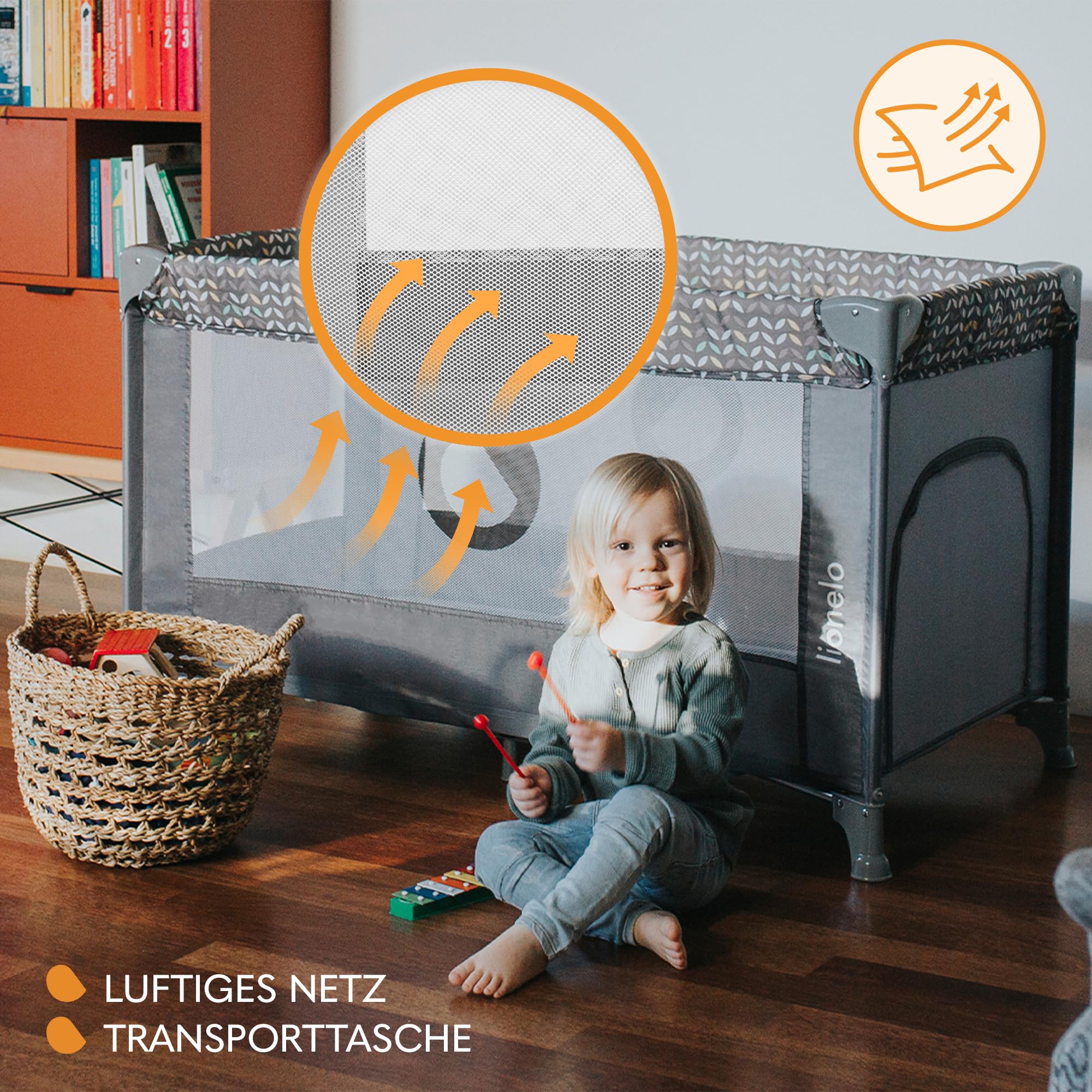 Lionelo Stefi Baby Kinderbett, Reisebett ab Geburt bis 15 kg, Seiteneingang, Sicherungssystem LockGuard, Blockade der Räder, Tragetasche, zusammenklappbar