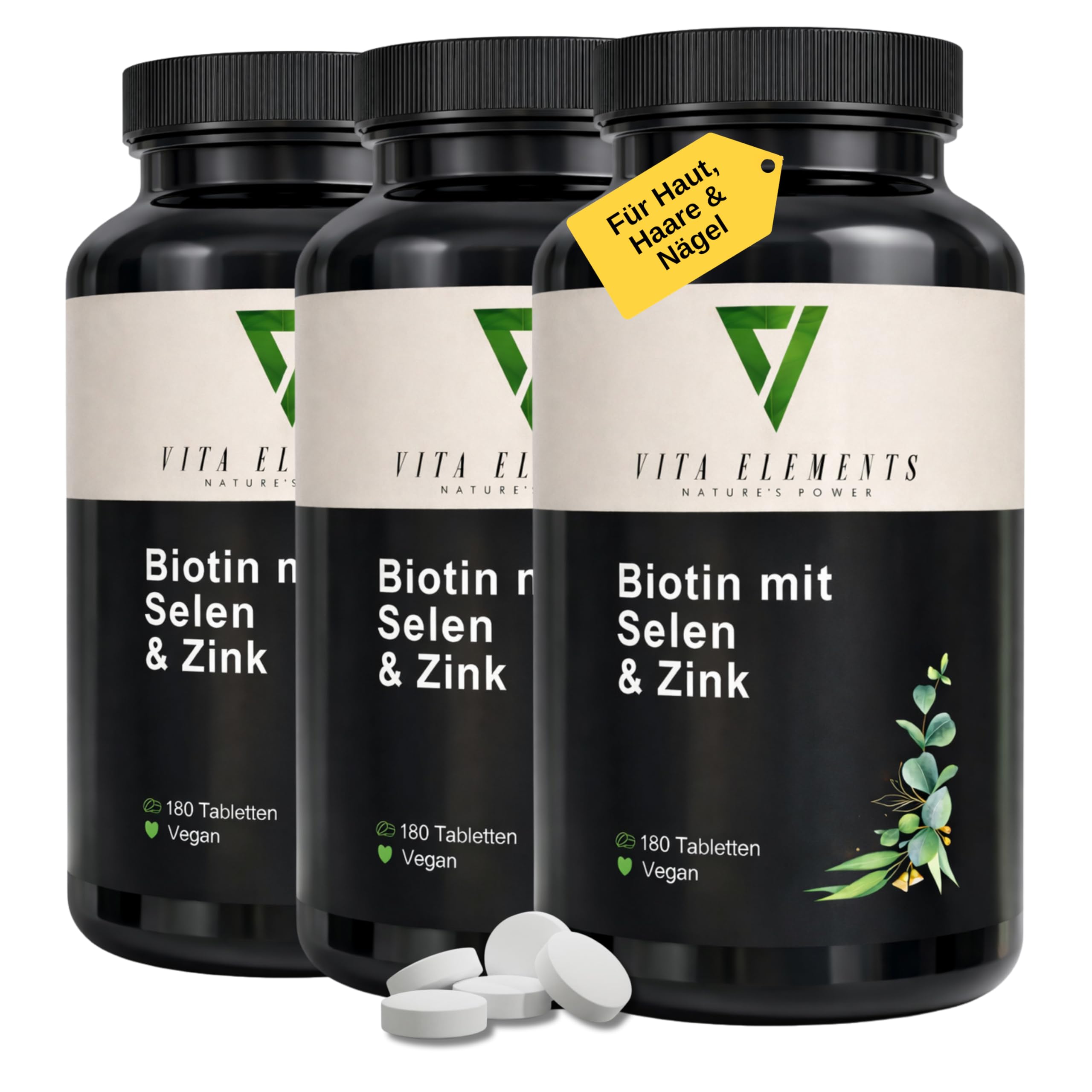 Vita Elements Biotin Selen Zink Komplex - 365 Vegane Tabletten - Jahresvorrat - Hochdosiert - Für Haut Haare Nägel - Laborgeprüft - Ohne Magnesiumstearat