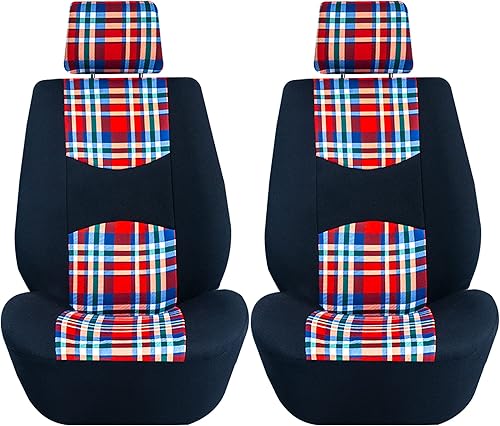 Miniatura 8 de TLH Fundas universales para asiento de automóvil, diseño de tartán57, estampado a cuadros, juego completo en tela plana, accesorios interiores de