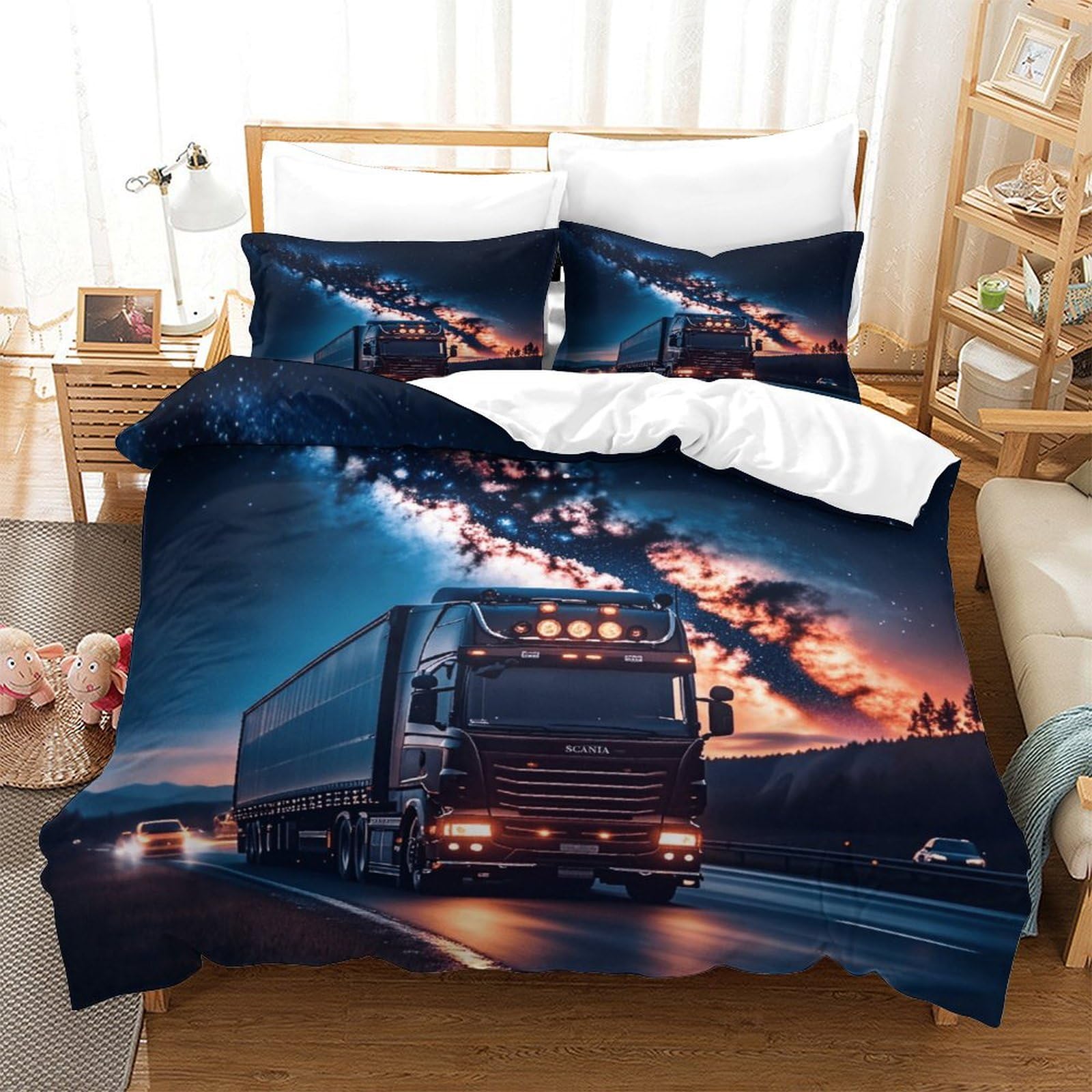 XiaopangXY Lorry & Galaxy Breathable Quilt Cover Set Hidden Zipper Truck Duvet Cover Set with Pillowcases Bedding Set Soft Microfiber Nice-looking Comforter Cover for Double（200x200cm）