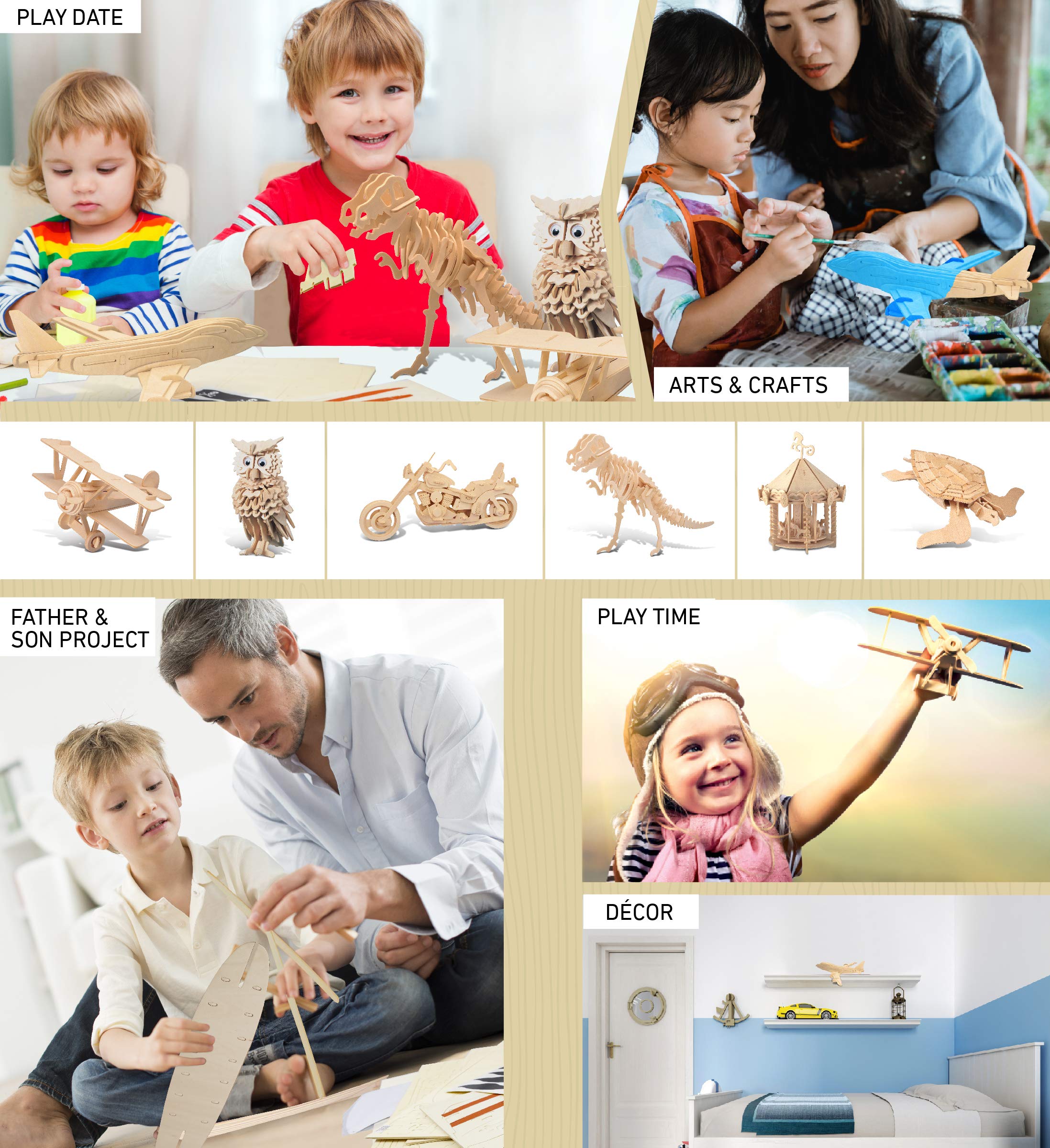 Puzzled 747 Jet Plane 3D Puzzle Wood Craft Construction Kit Aircraft, Fun & Educational DIY Wooden Toy Assemble Model Unfinished Craft Hobby Airplane Puzzle to Build & Paint for Decoration 33pcs Pack - Image 5