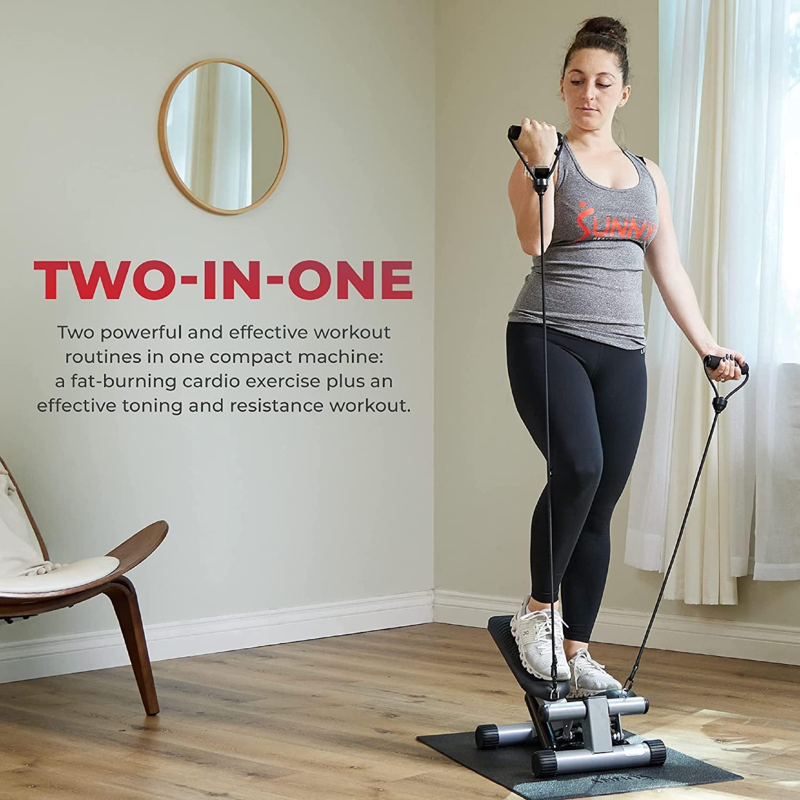 Sunny Health & Fitness Mini Stepper, Stepper de bajo Impacto, Equipo de Cardio con Bandas de Resistencia y tapete Protector de Espuma para Gimnasio en casa