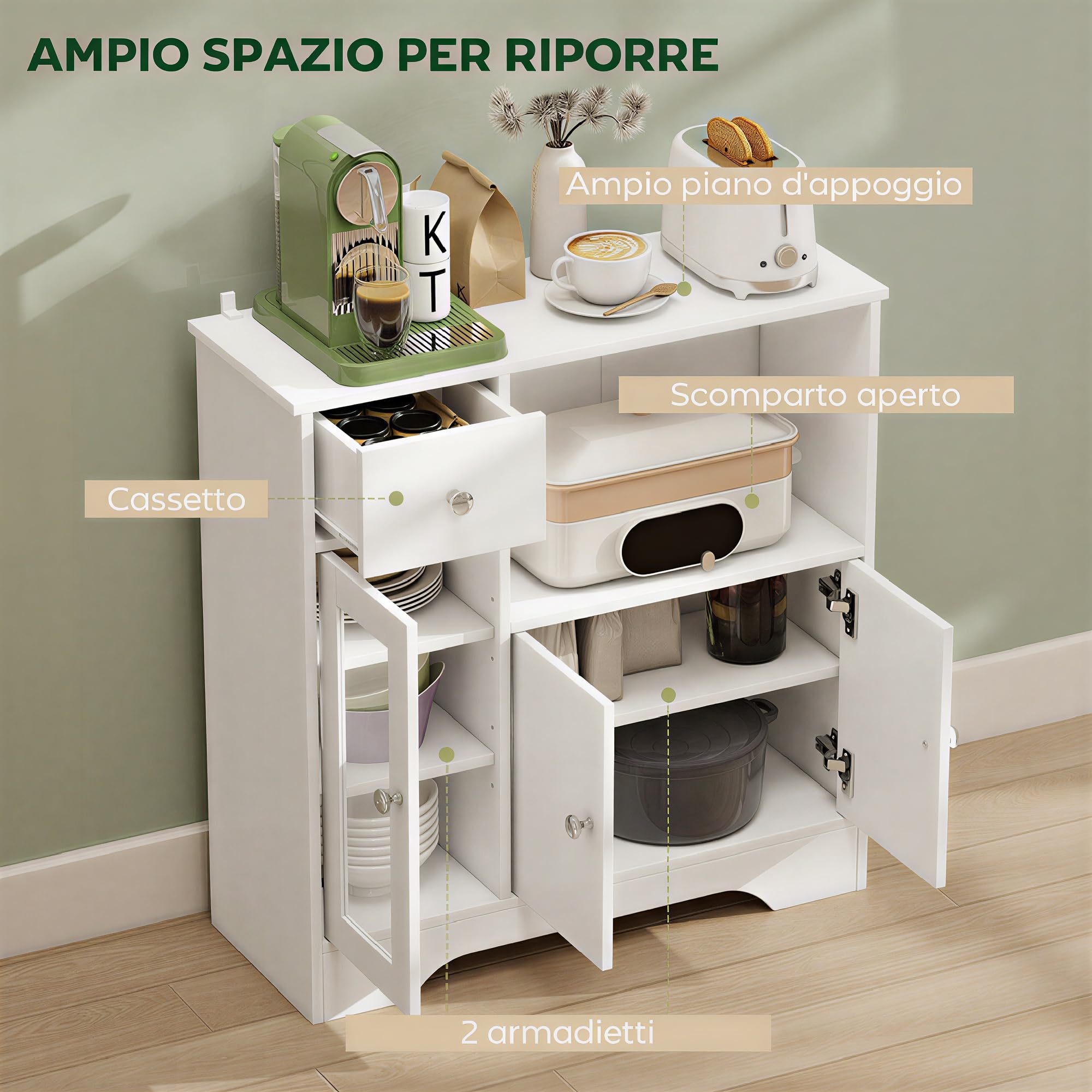 HOMCOM Credenza Cucina con Vano Aperto, Armadietti, Anta in Vetro e Cassetto, Mobile Cucina con Ripiani Regolabili, Buffet Credenza per Sala da Pranzo e Soggiorno, Design Moderno, 80x30x82 cm, Bianco