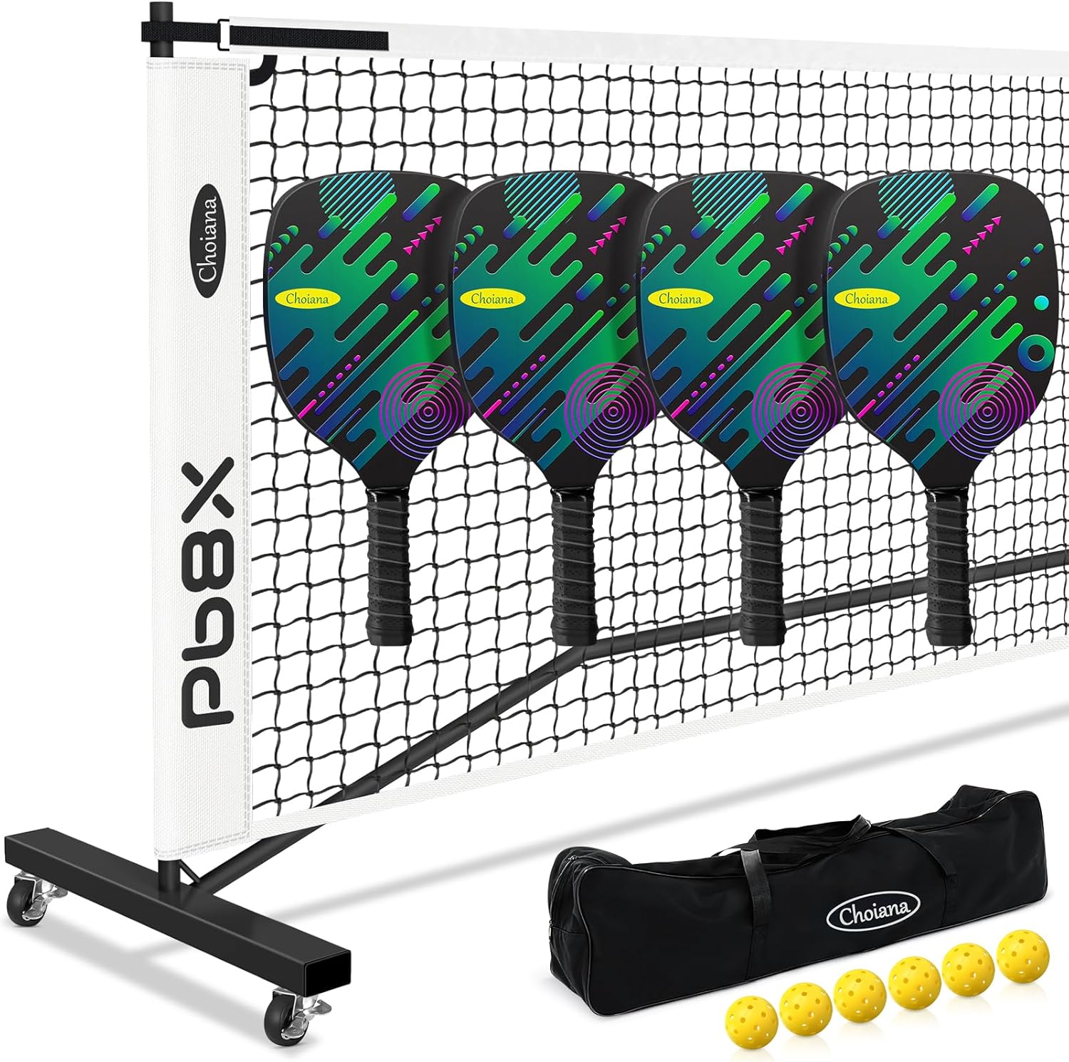 Pickleball Net Pickleball Set with Net 4 Paddles Outdoor Driveway Pickle Ball Nets Portable with Wheels 11ft & 22ft Pickleball Nets Regulation Size w/Carry Bag, Heavyduty Frame for Indoor Home Pickleball Net with Paddles & Balls (White & Black)