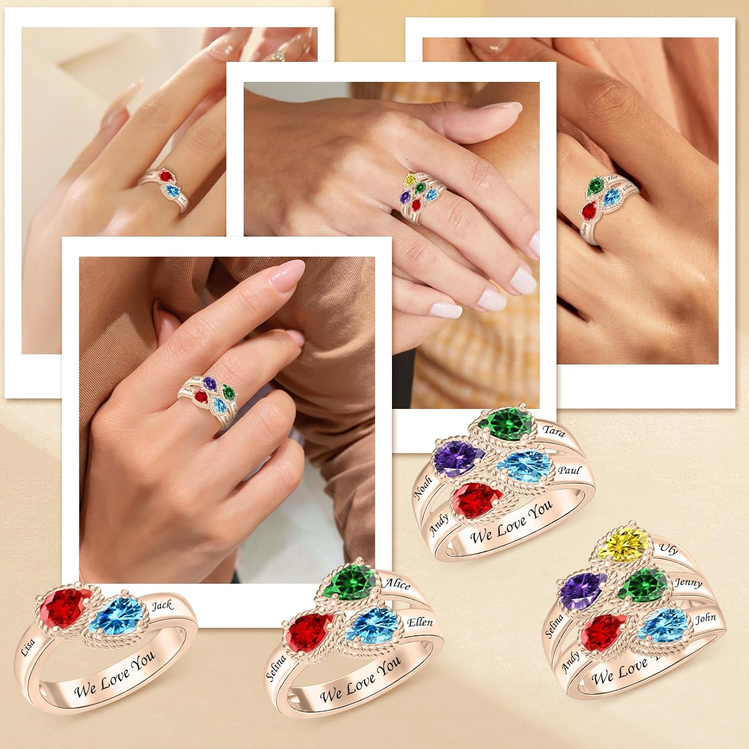 Personalized Birthstone Ring for Women 925 Sterling Silver Promise Ring with 2-5 Cubic Zirconia Stones Mother Rings with Engraved Names Christmas Jewelry Gifts for Women Mom Grandma Daughter Wife