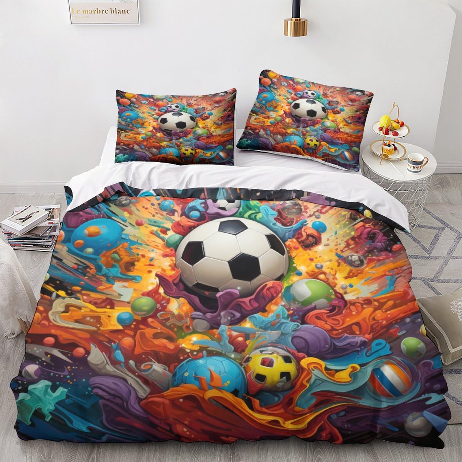 Housse de couette football 3D King 220x240 cm parure de lit 3 pièces microfibre