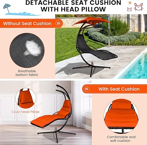 Miniatura 7 de Tangkula Tumbona colgante, soporte de arco flotante con toldo y almohada integrada, silla de salón de acero curvado, silla de hamaca independiente