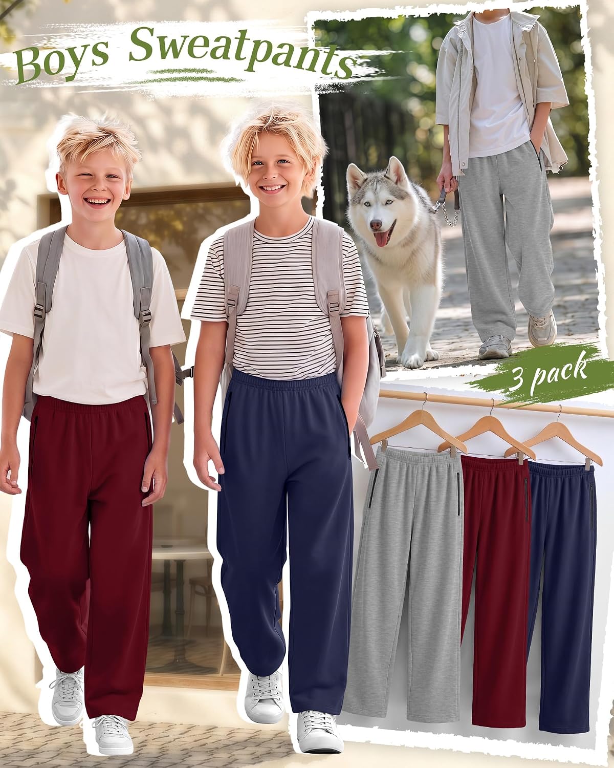 3 Pack Boys Sweatpants with Zipper Pockets Wide Leg Elastic Waist Kids Pants Baggy Athletic Joggers for Boys