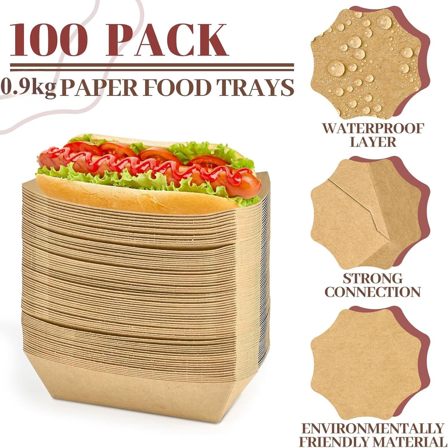 LATERN 100 Pièces Plateaux en Papier Kraft, 16CM x 12CM Bateaux en Papier Très Résistants Boîte de Service Jetable pour Frites Nachos Snack Hot Dog Taco Popcorn Barbecue Pique-Nique Mariage Fêtey