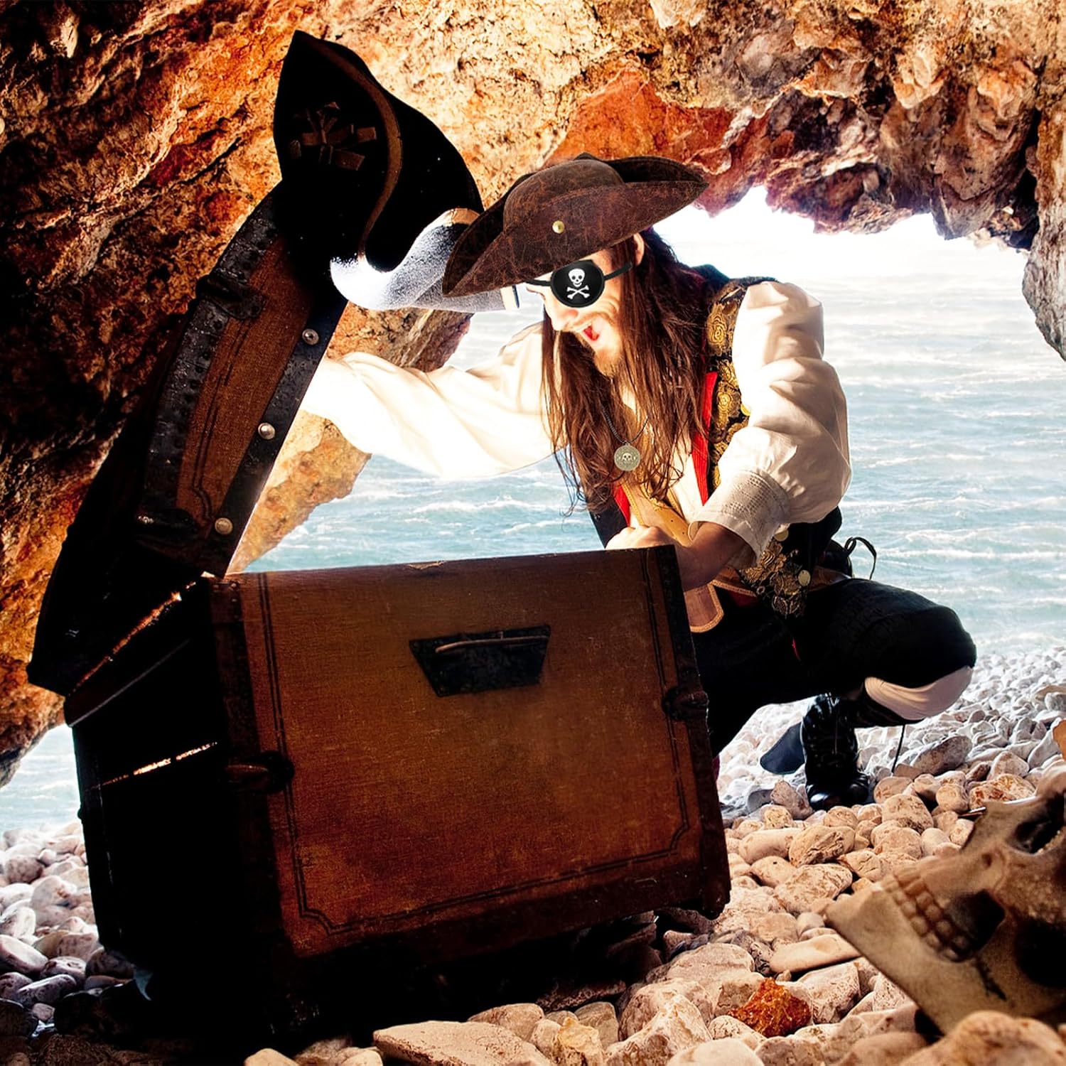 4PCS Pirate Hat,Renaissance Pirate Tricorn Hat with Eye Patch & Necklaces for Male Female Halloween Cosplay - Image 6